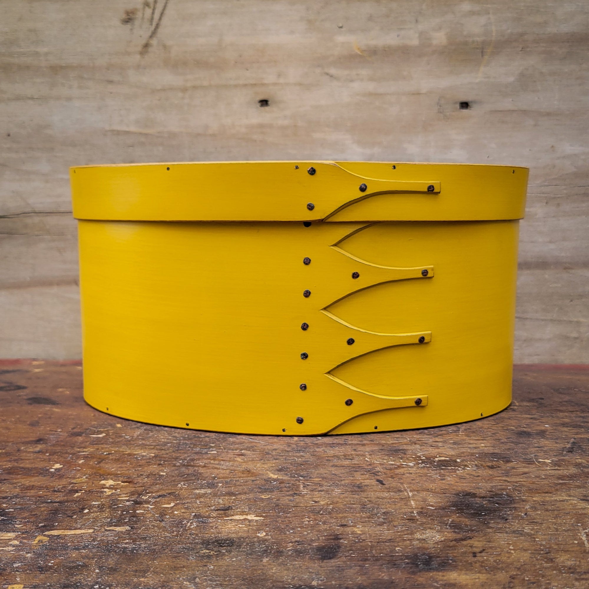 Shaker Oval Box, Size #5 Tall, LeHays Shaker Boxes, Handcrafted in Maine.  Yellow Milk Paint Finish, Front View