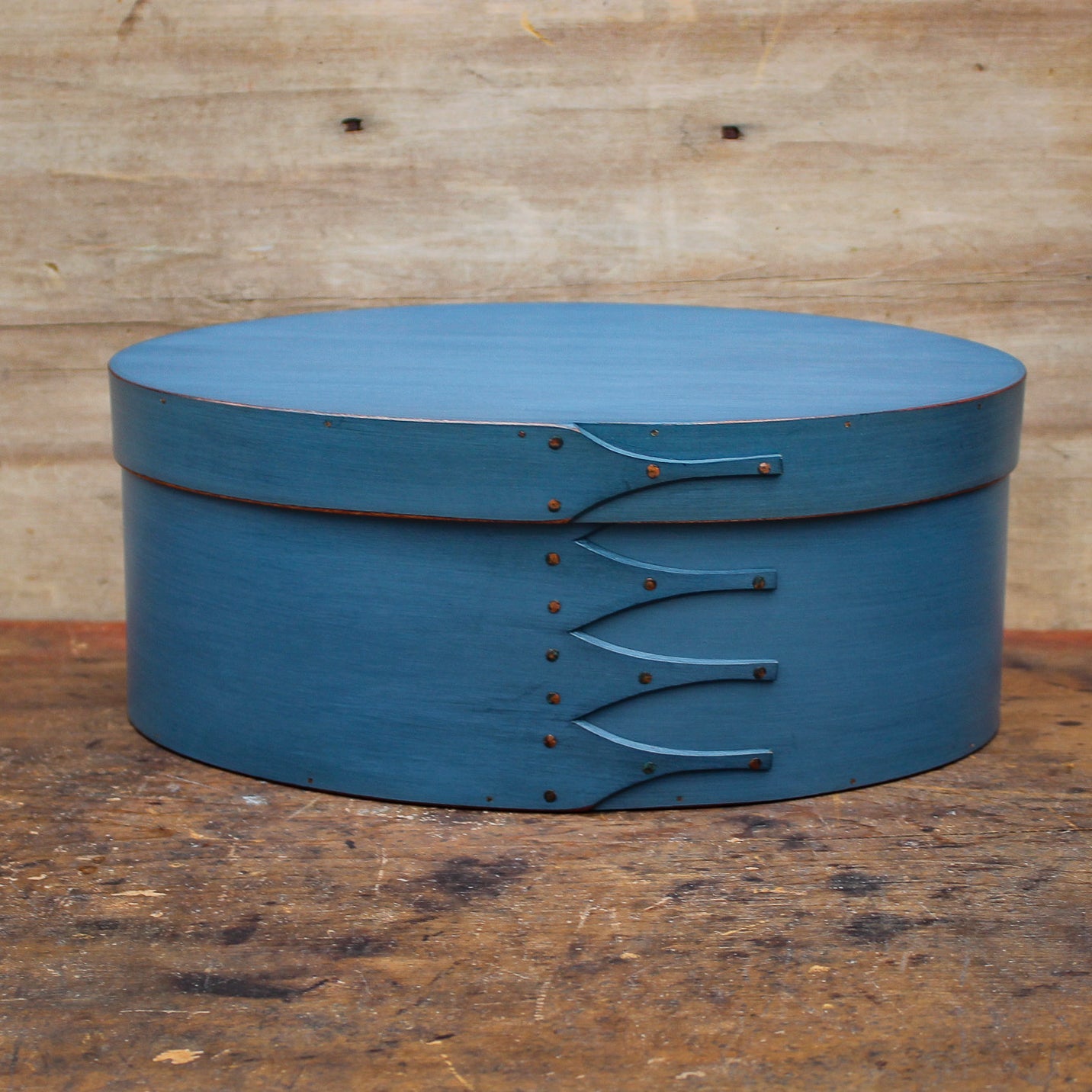 Shaker Oval Box, Size #6, LeHays Shaker Boxes, Handcrafted in Maine. Blue Milk Paint Finish, Front View