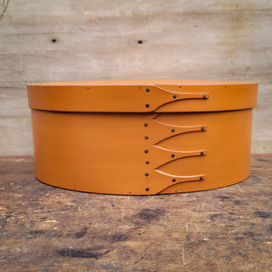 Shaker Oval Box, Size #6, LeHays Shaker Boxes, Handcrafted in Maine.  Pumpkin Milk Paint Finish, Front View