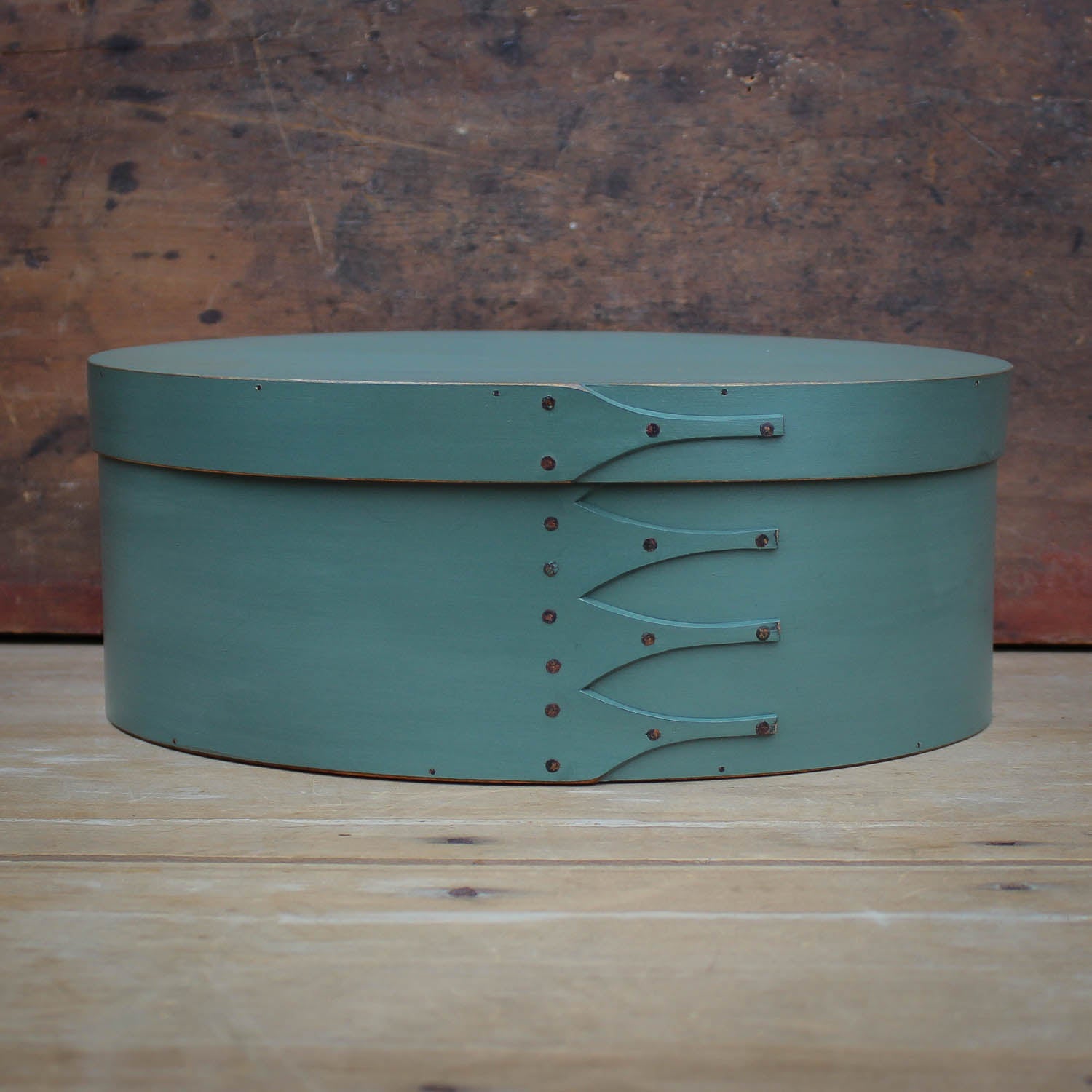Shaker Oval Box, Size #6, LeHays Shaker Boxes, Handcrafted in Maine.  Sea Green Milk Paint Finish, Front View