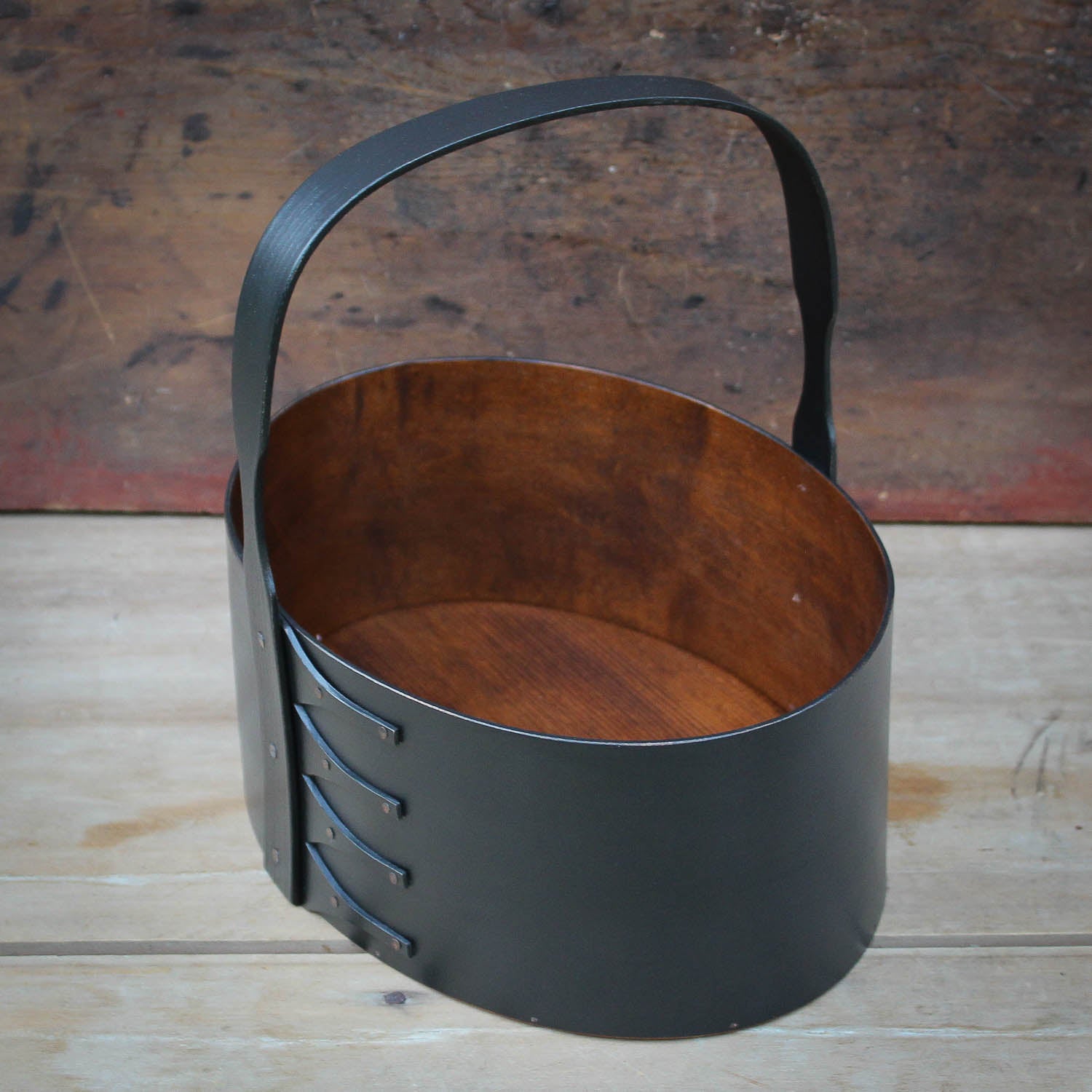 Shaker Carrier, Size #6, LeHays Shaker Boxes, Handcrafted in Maine, Black Milk Paint Finish, Side View