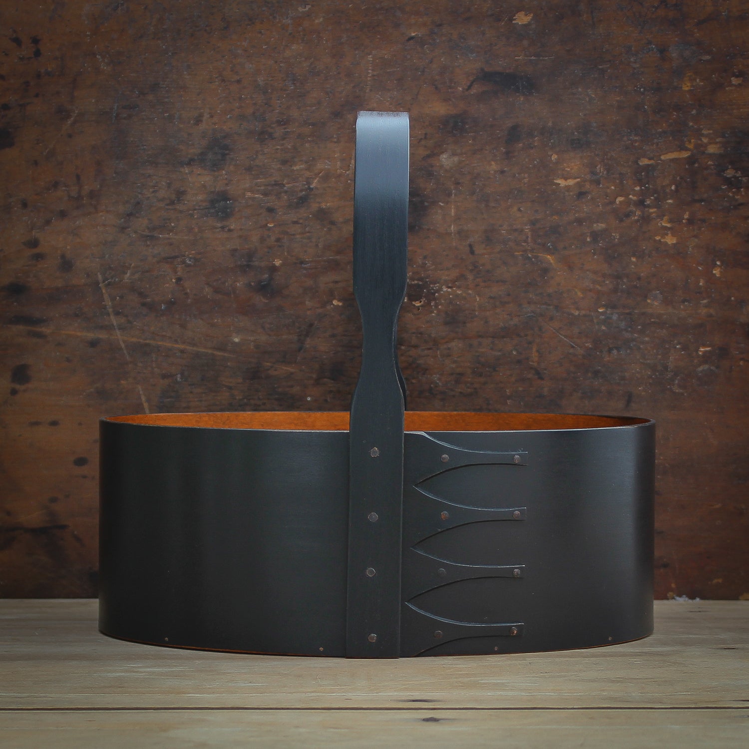 Shaker Carrier, Size #6, LeHays Shaker Boxes, Handcrafted in Maine, Black Milk Paint Finish, Front View