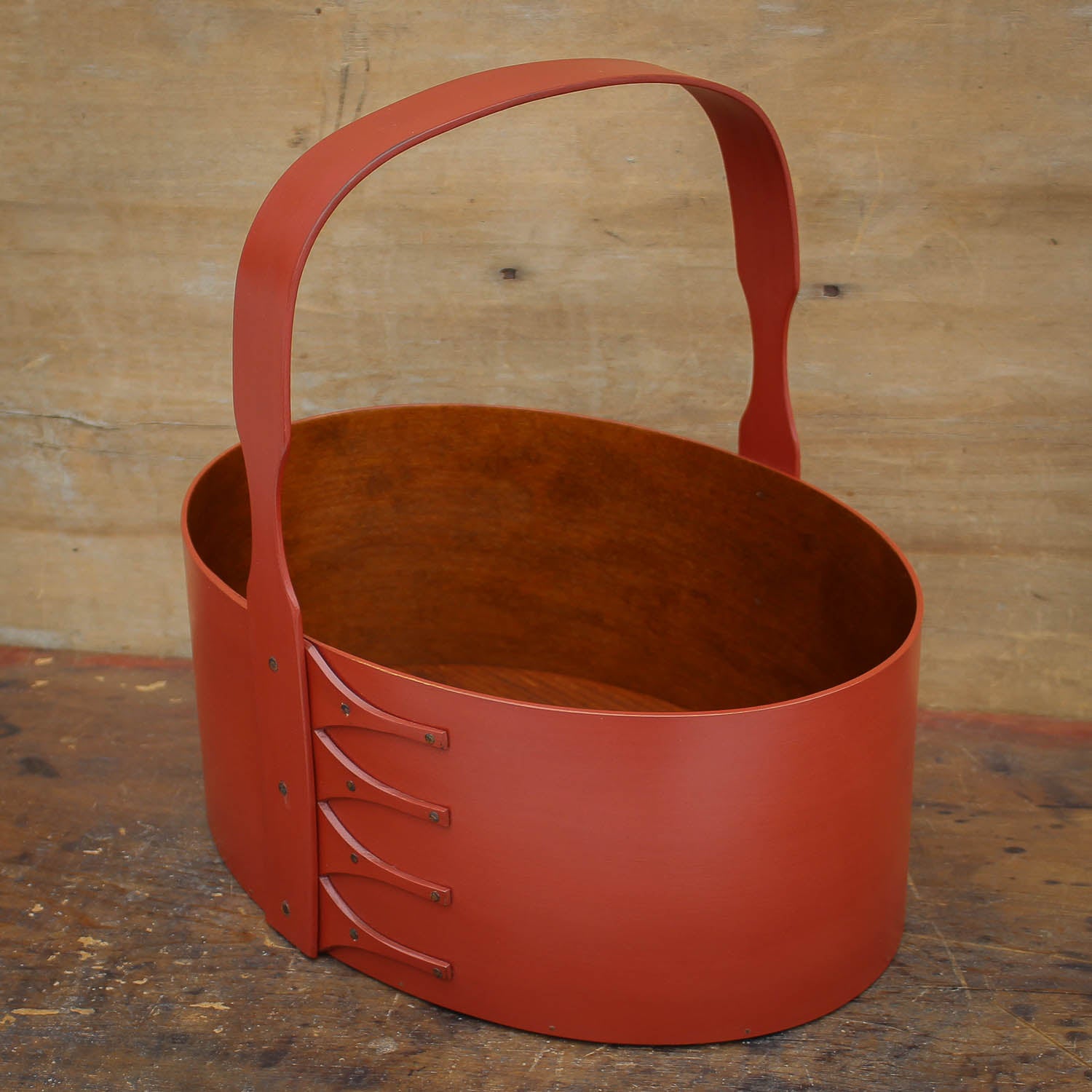 Shaker Carrier, Size #6, LeHays Shaker Boxes, Handcrafted in Maine, Red Milk Paint Finish, Side View