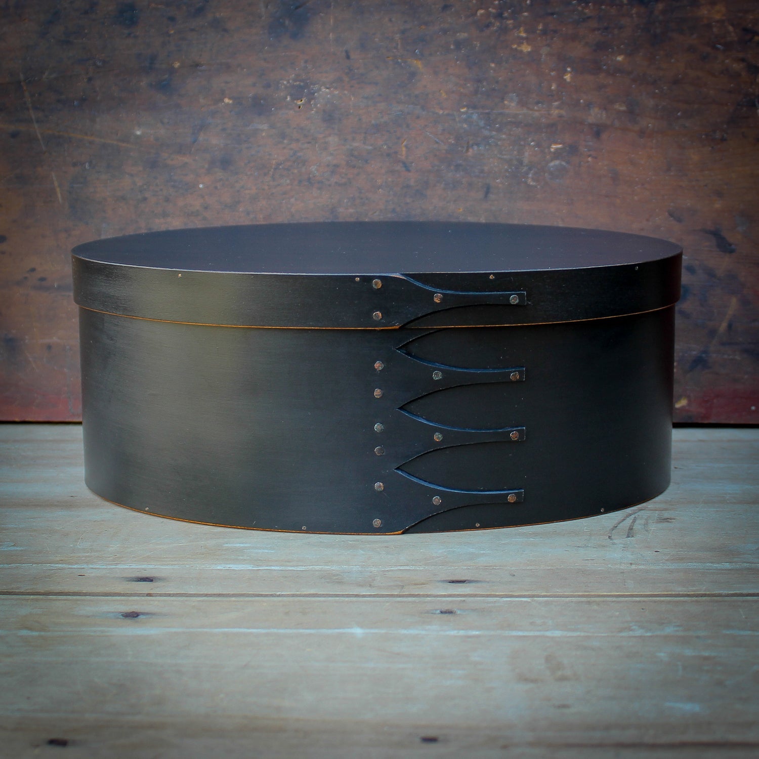 Shaker Oval Box, Size #7, LeHays Shaker Boxes, Handcrafted in Maine.  Black Milk Paint Finish, Front View