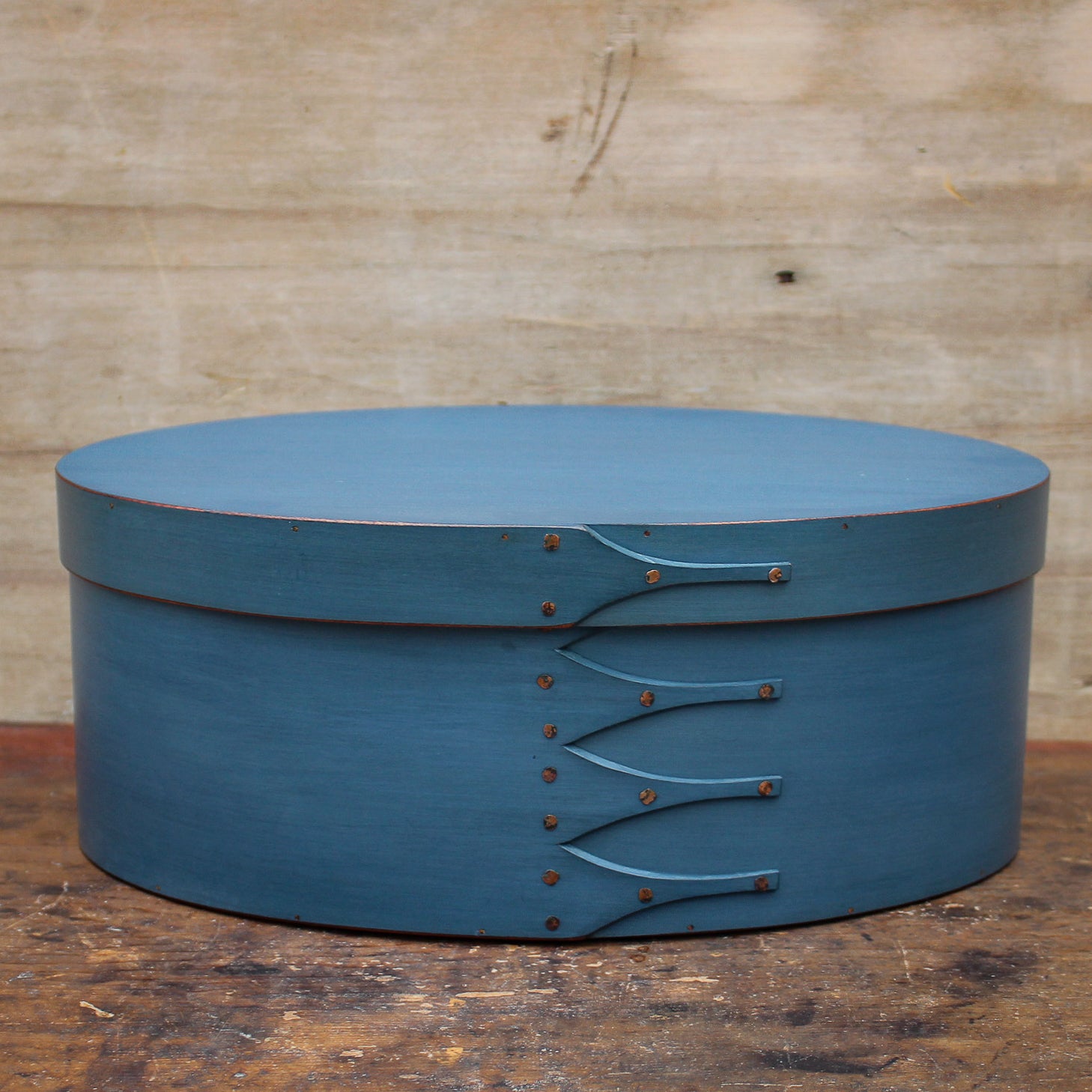 Shaker Oval Box, Size #7, LeHays Shaker Boxes, Handcrafted in Maine. Blue Milk Paint Finish, Front View