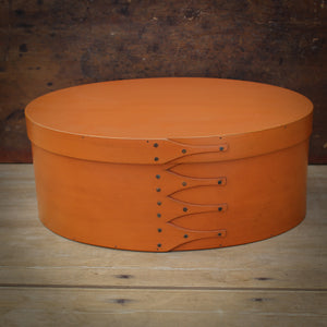 Shaker Oval Box, Size #7, LeHays Shaker Boxes, Handcrafted in Maine.  Pumpkin Milk Paint Finish, Front View