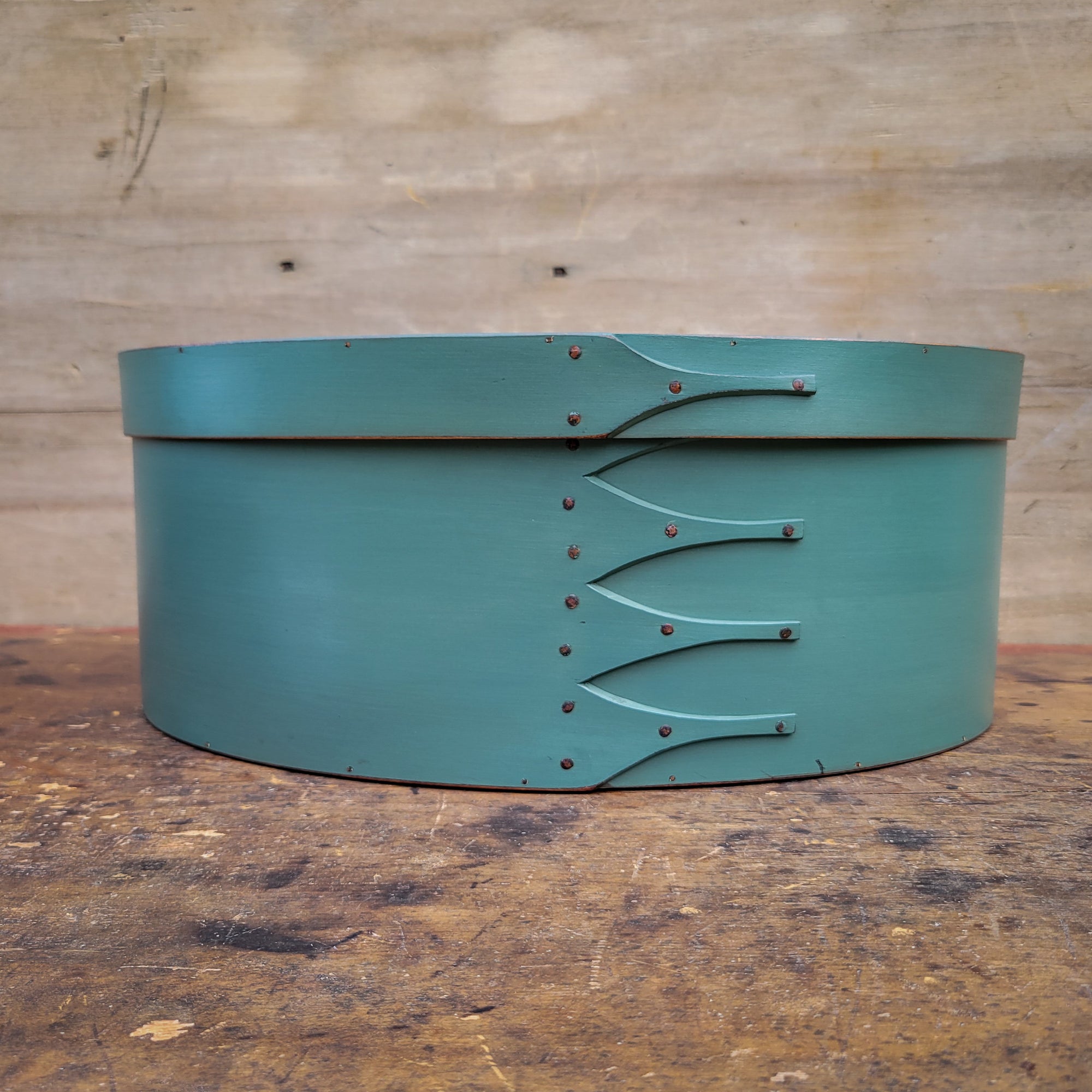 Shaker Oval Box, Size #7, LeHays Shaker Boxes, Handcrafted in Maine.  Sea Green Milk Paint Finish, Front View