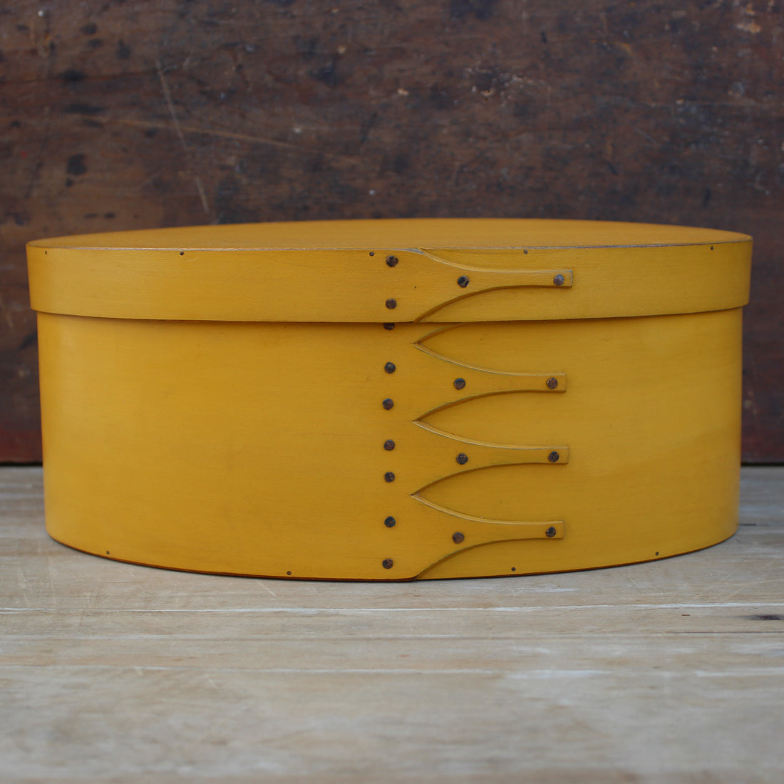 Shaker Oval Box, Size #7, LeHays Shaker Boxes, Handcrafted in Maine.  Yellow Milk Paint Finish, Front View