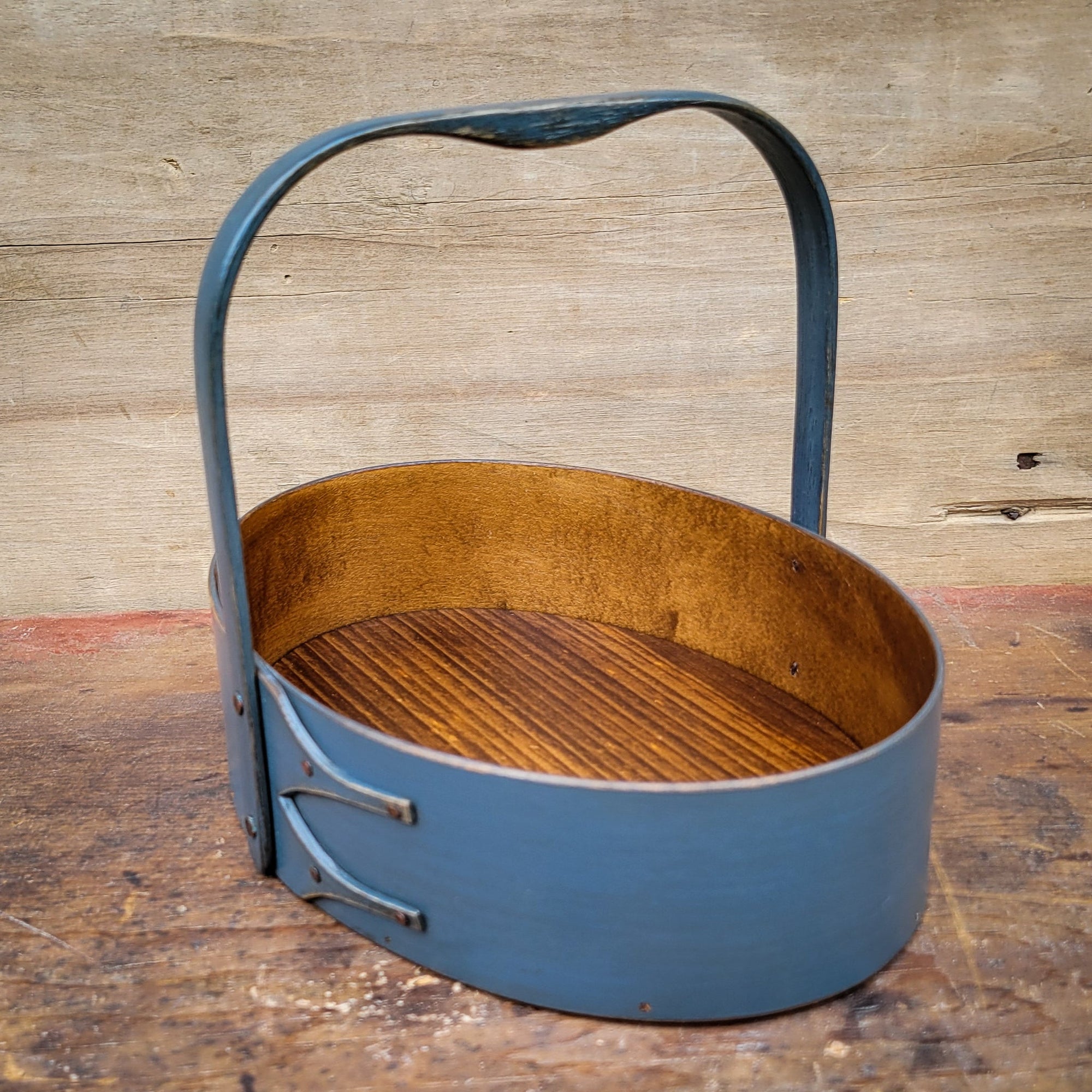 Small Shaker Style Sewing Carrier, LeHays Shaker Boxes, Handcrafted in Maine, Blue Milk Paint Finish, Side View