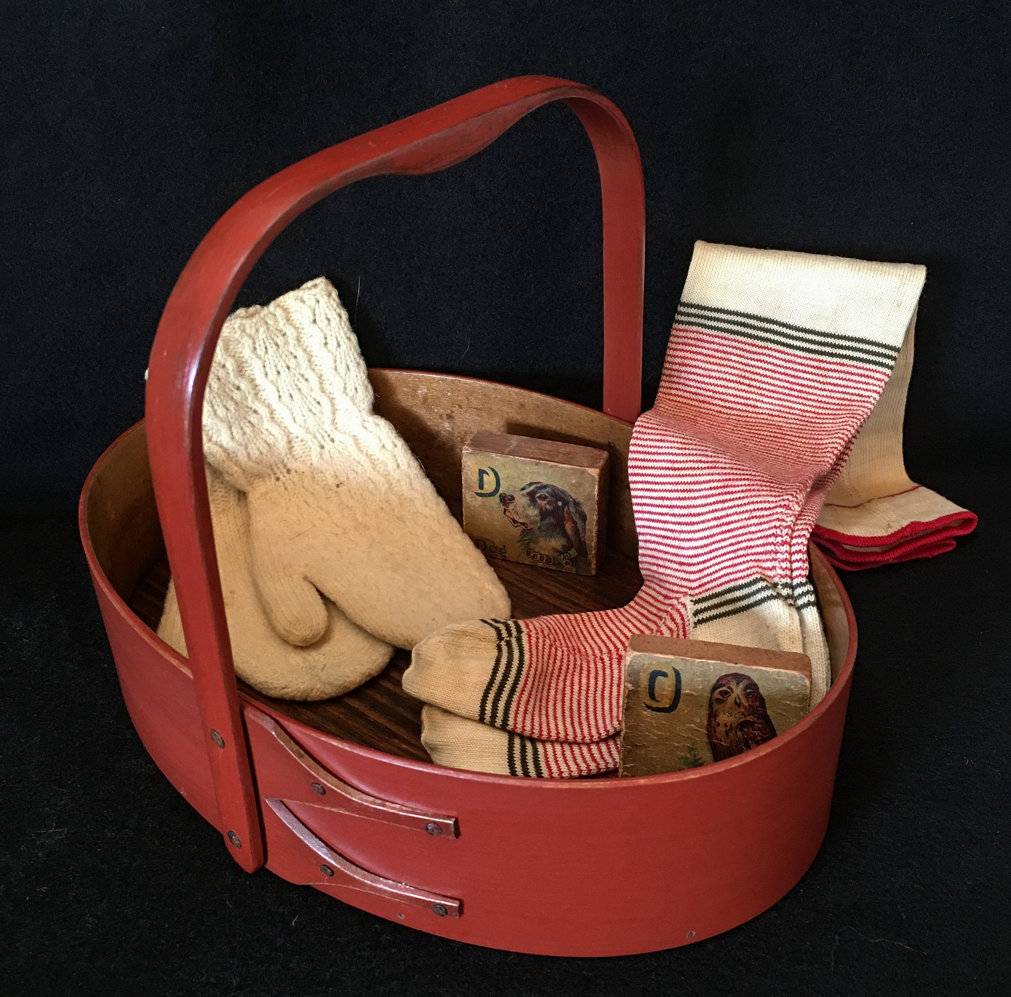 Small Shaker Style Sewing Carrier, LeHays Shaker Boxes, Handcrafted in Maine, Red Milk Paint Finish, Shown Holding Items