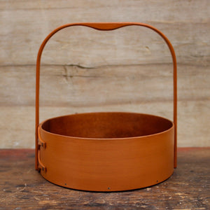 Small Shaker Style Sewing Carrier, LeHays Shaker Boxes, Handcrafted in Maine, Pumpkin Milk Paint Finish, Handle View