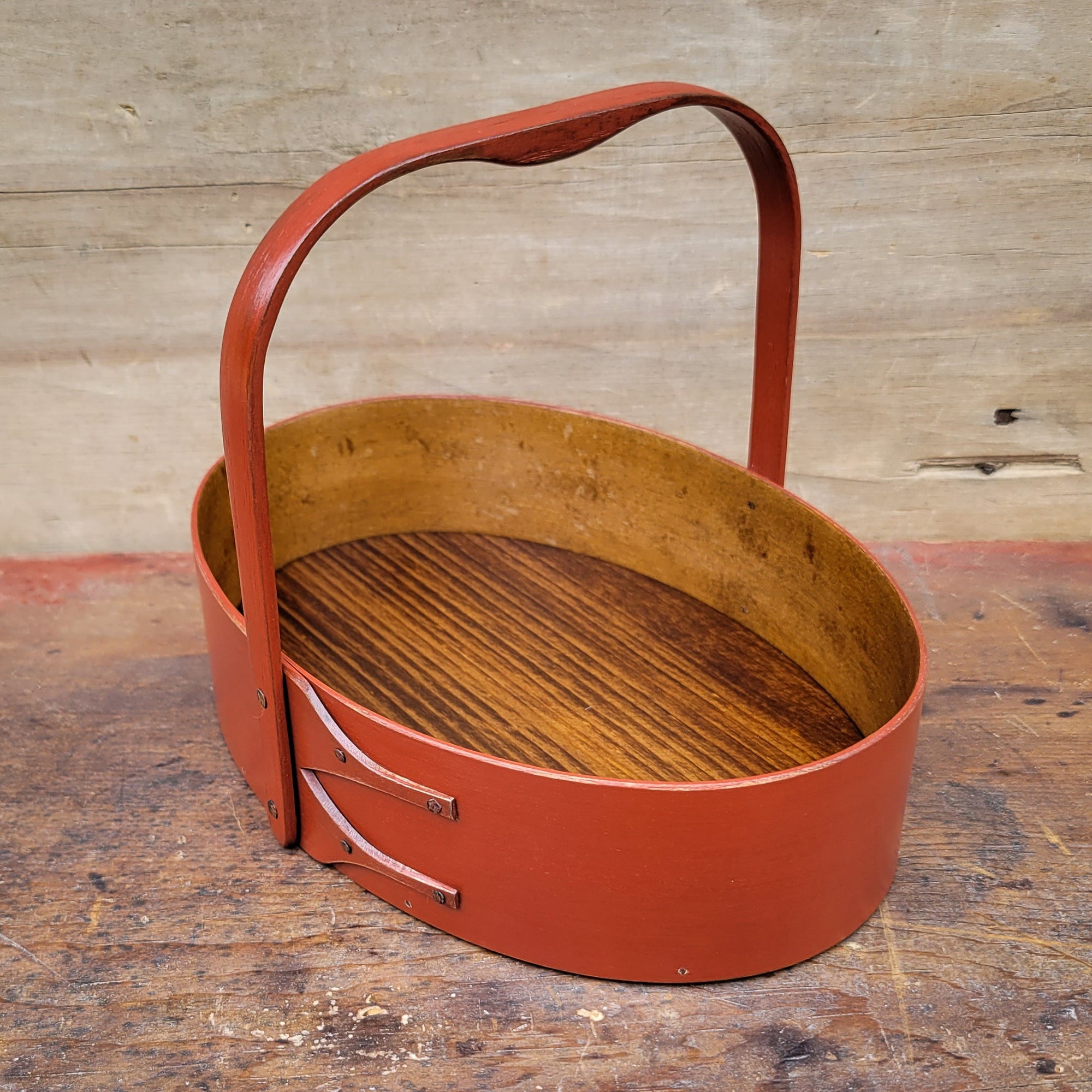 Small Shaker Style Sewing Carrier, LeHays Shaker Boxes, Handcrafted in Maine, Red Milk Paint Finish, Side View