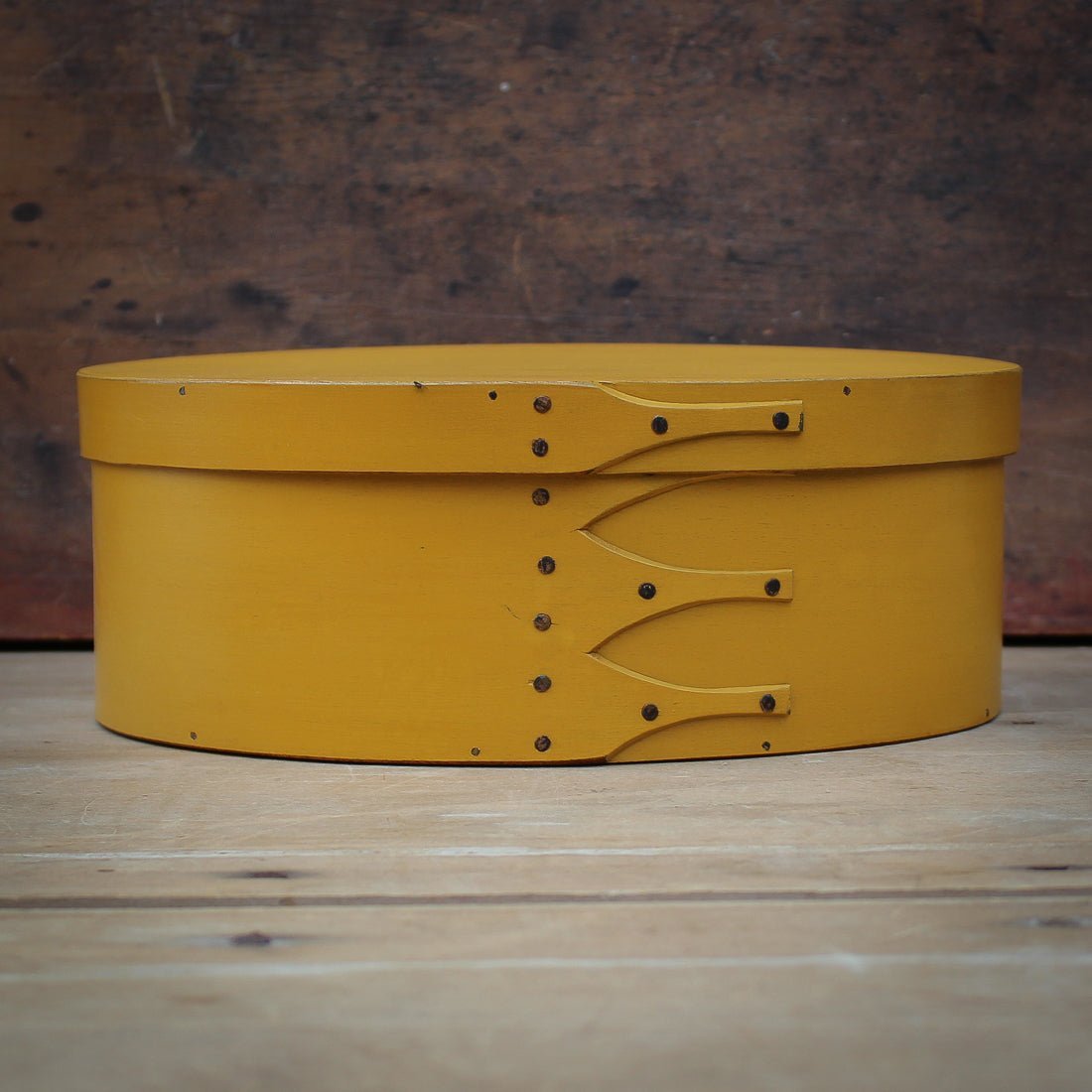 Shaker Oval Box, Size #4, LeHays Shaker Boxes, Handcrafted in Maine.  Yellow Milk Paint Finish, Front View