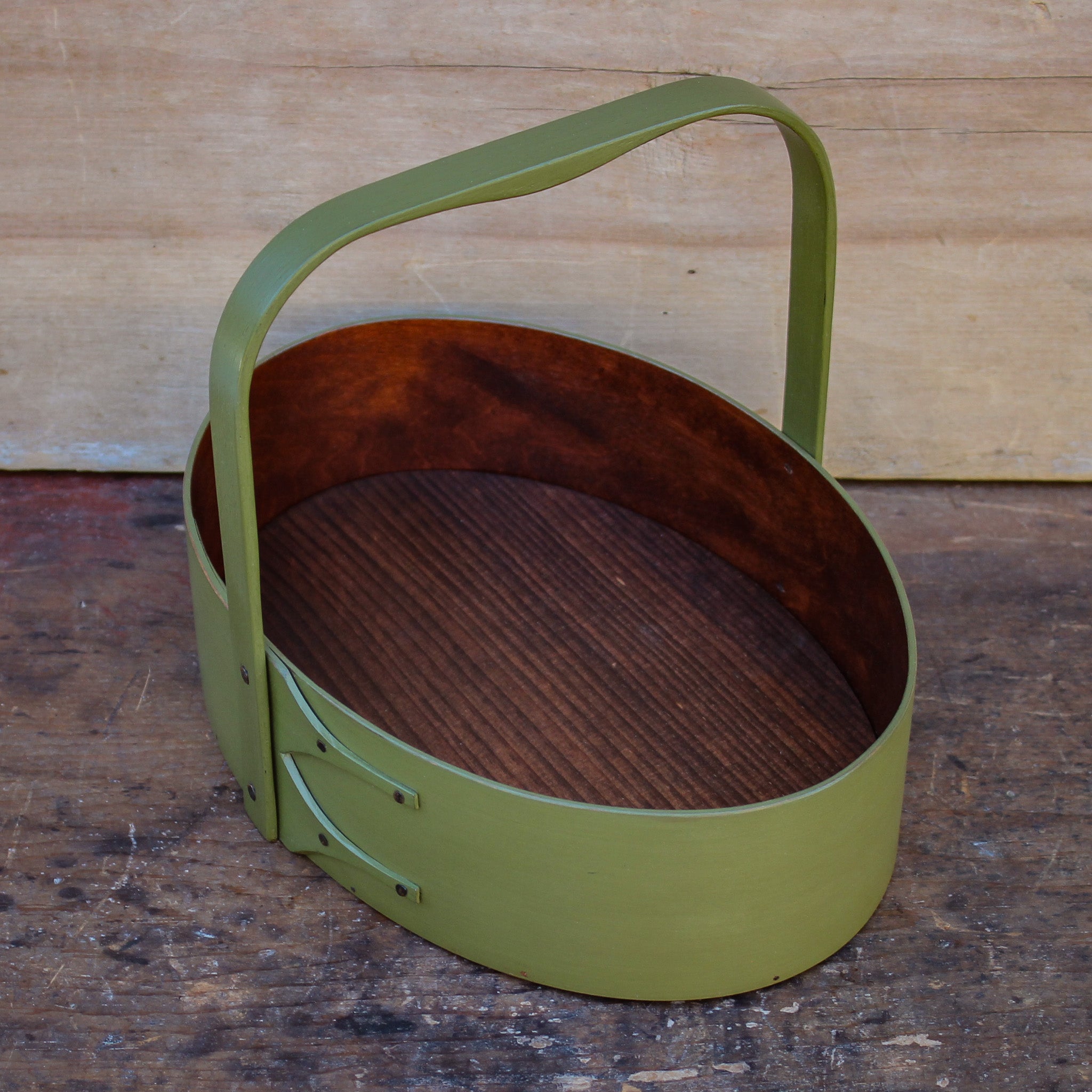 Shaker Sewing Carrier in green milk paint, handcrafted by LeHay’s Shaker Boxes.