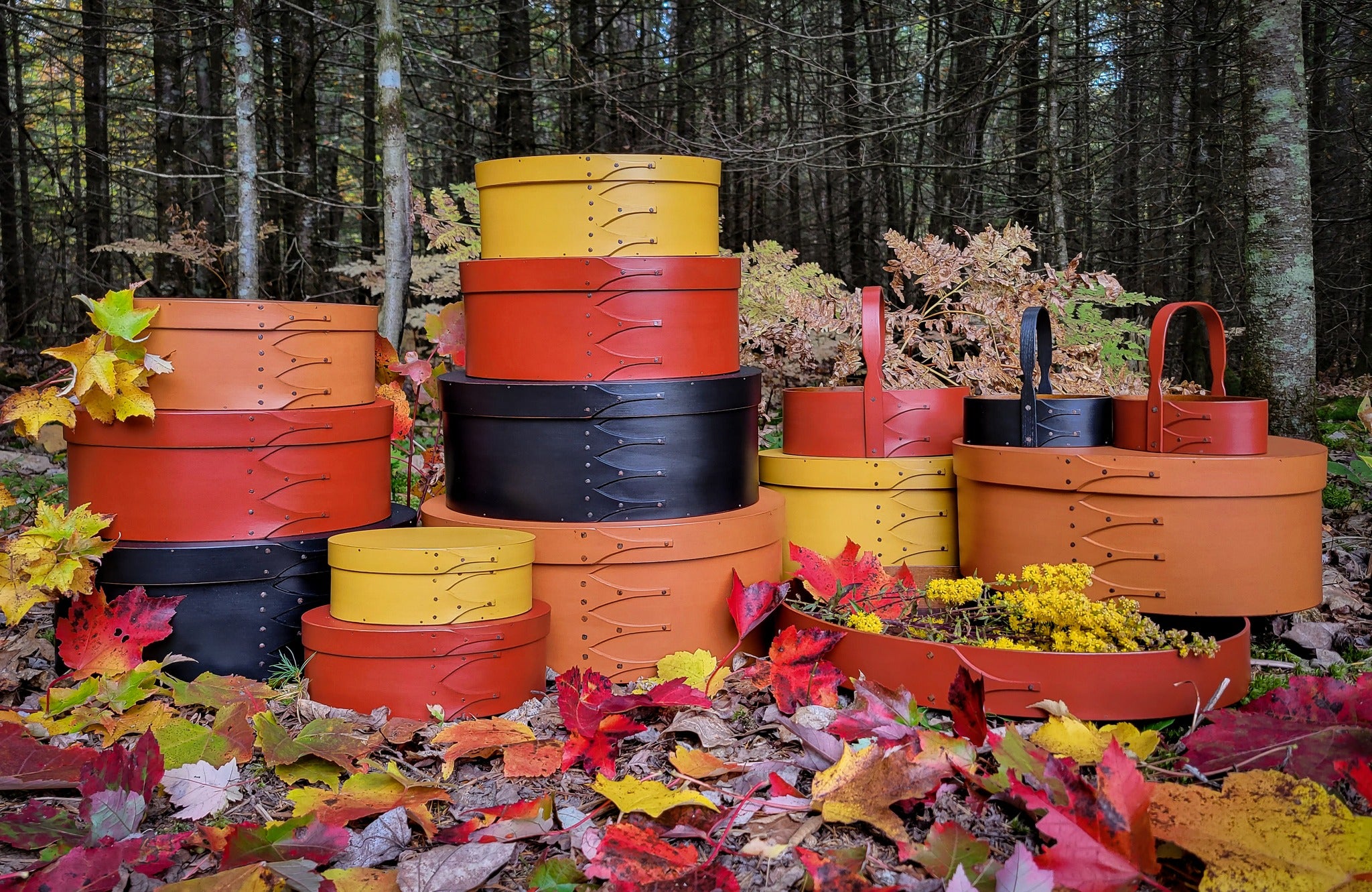 Painted boxes in fall milk-paint colors