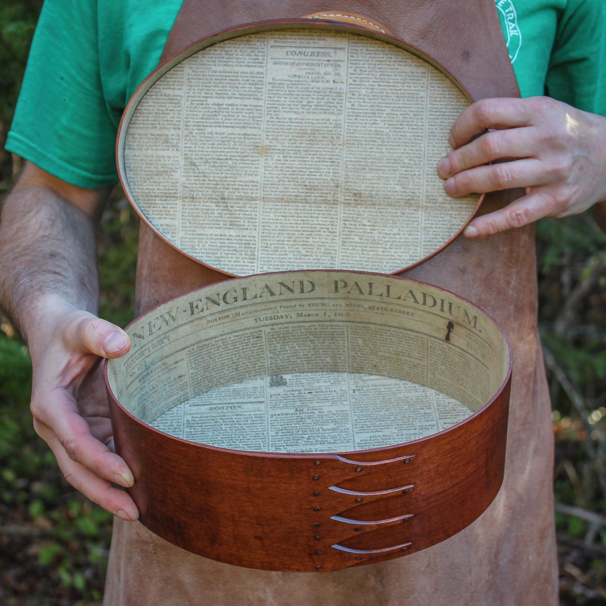 Shaker box with vintage 19th century newspaper lining, antiqued natural finish.