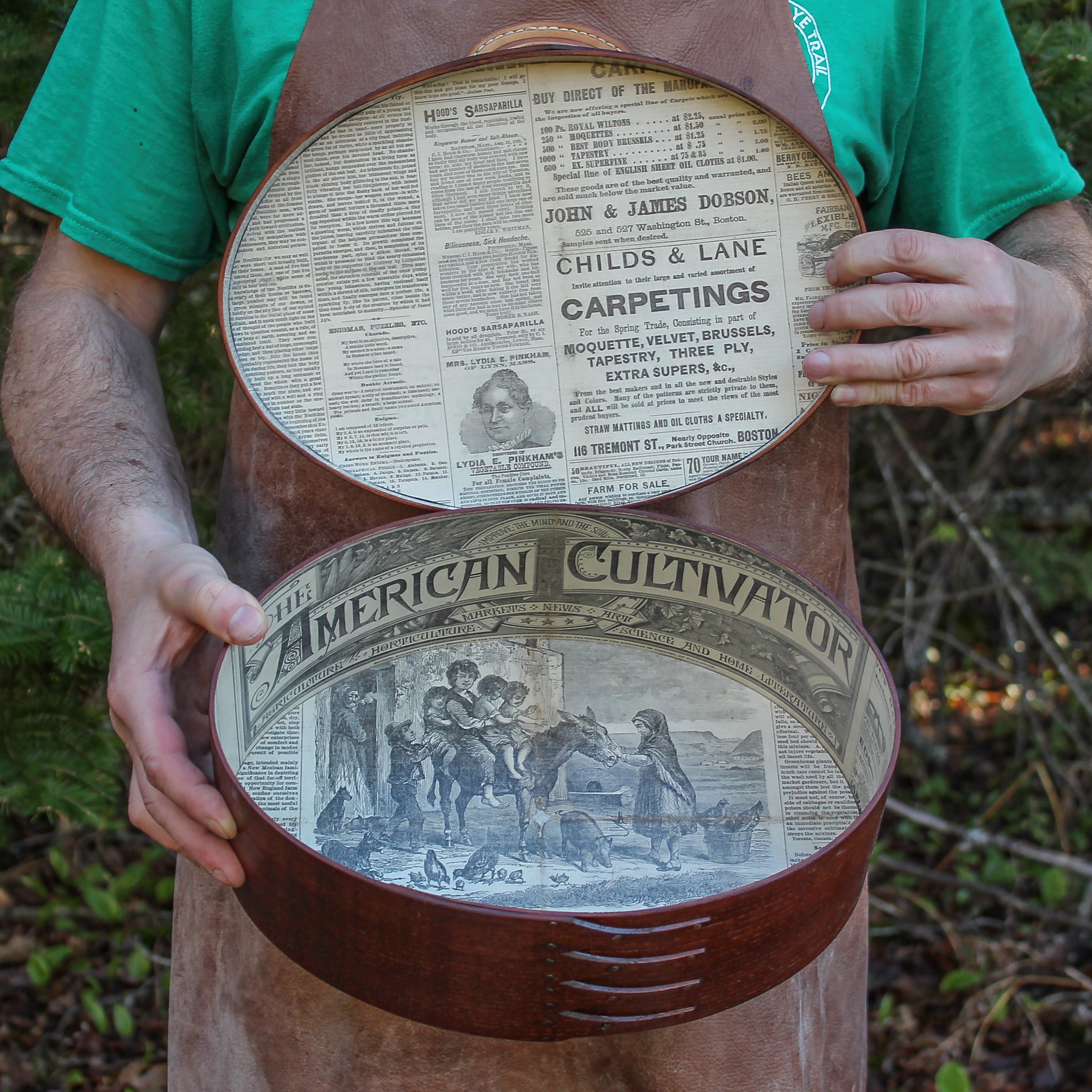 Shaker box with vintage 19th century newspaper lining, antiqued natural finish.
