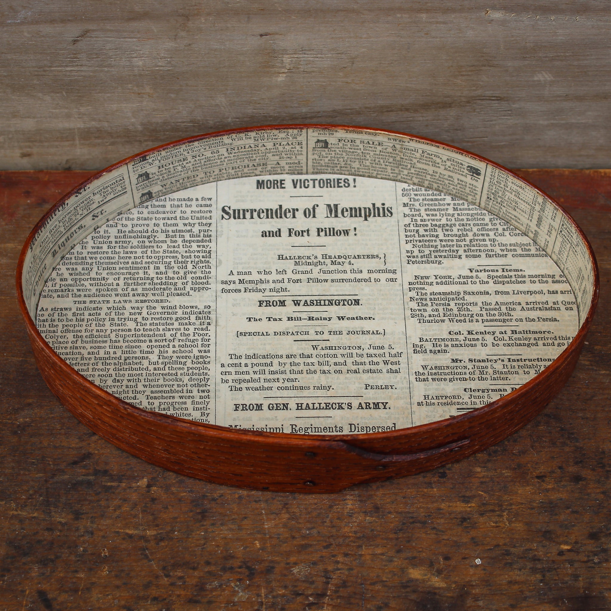 Shaker oval tray with antiqued natural finish and vintage paper lining - handcrafted by LeHay’s Shaker Boxes