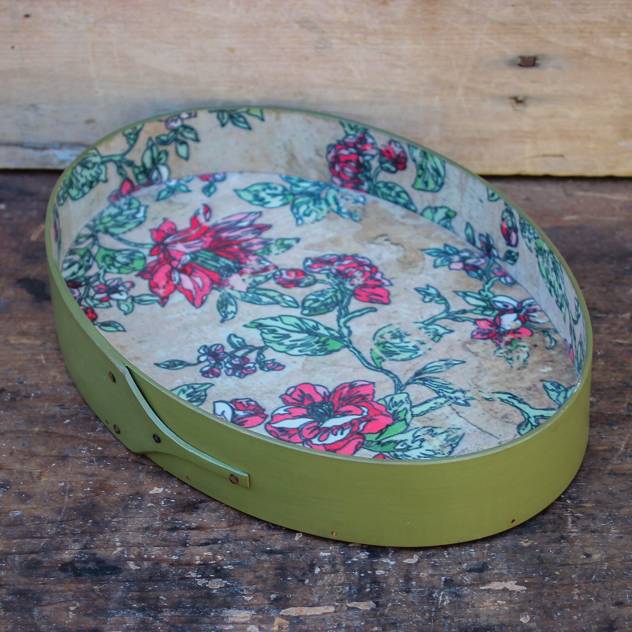 Size #5 Oval Stitchers Tray, Papered Interior, Green Milk Paint Finish