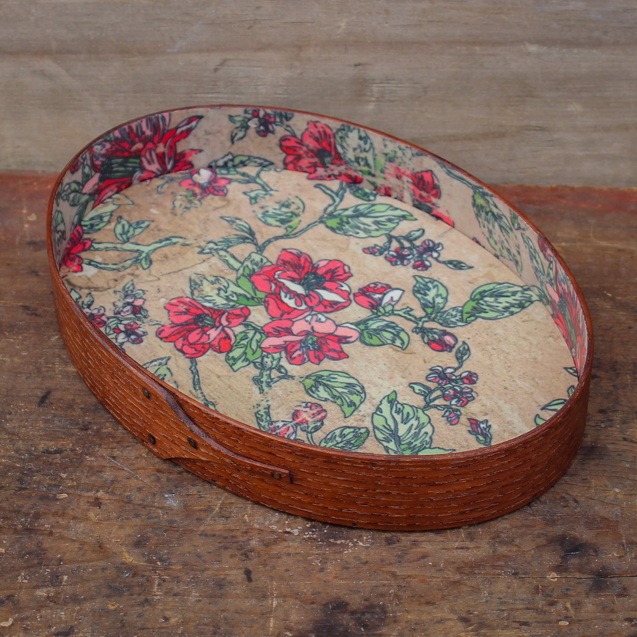 Size #5 Oval Stitchers Tray, Antiqued Natural with Red Floral Paper