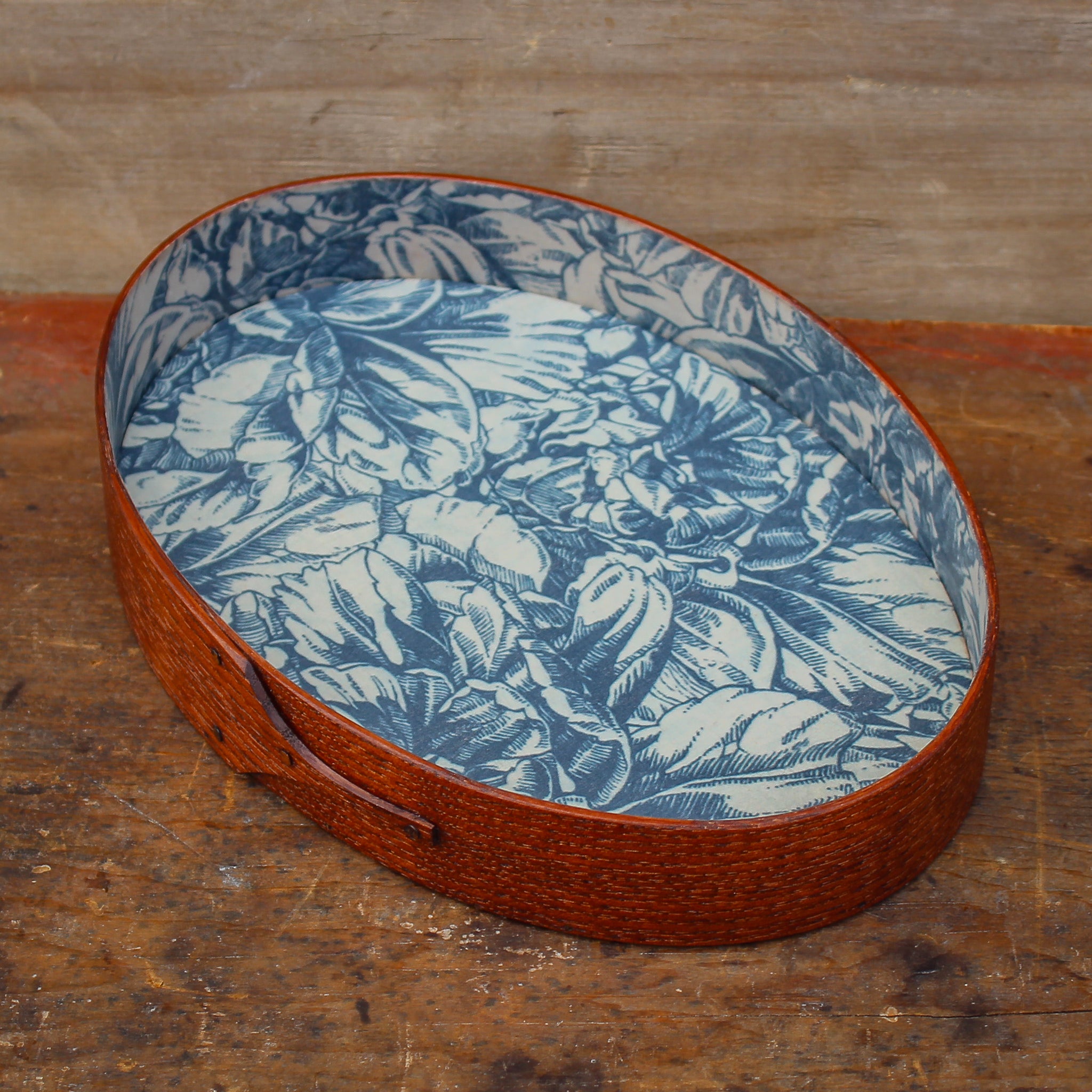 Shaker oval tray with antiqued natural finish and vintage paper lining - handcrafted by LeHay’s Shaker Boxes