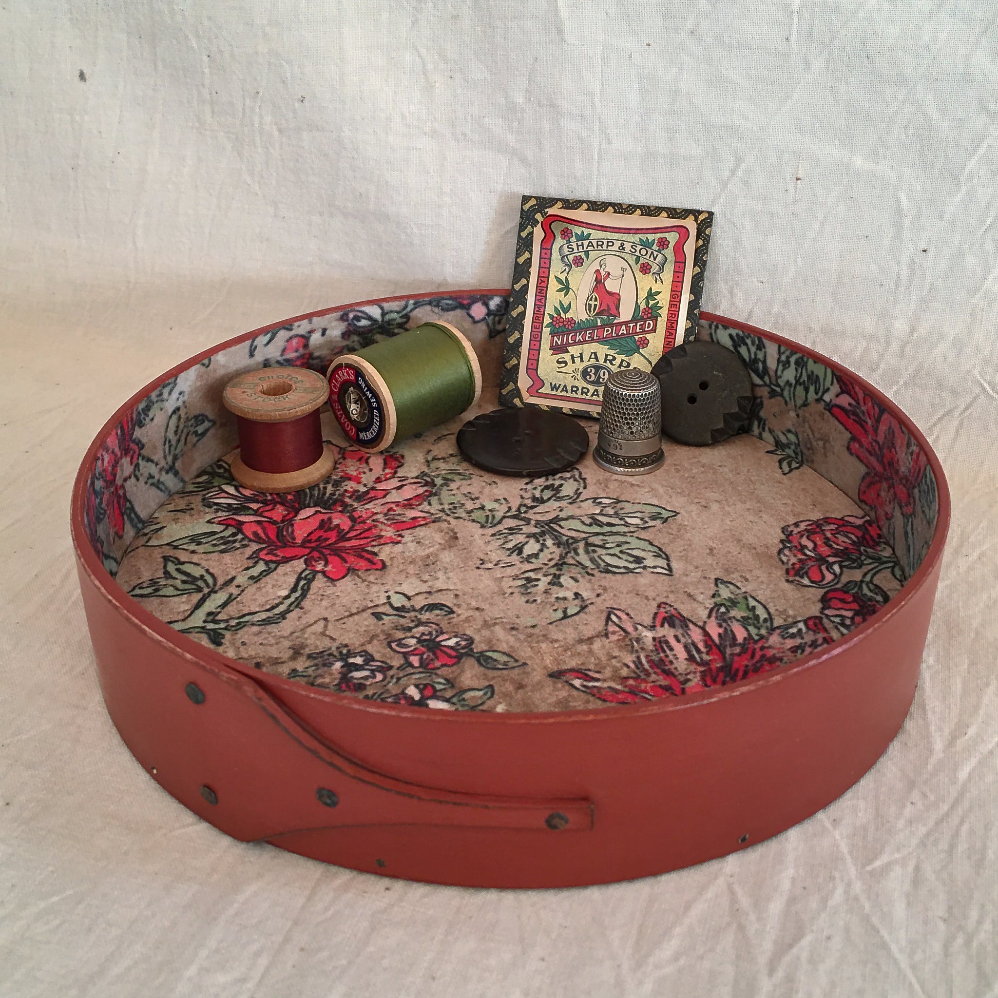 Shaker round tray with red milk paint finish and vintage paper lining - handcrafted in Maine by LeHay’s Shaker Boxes