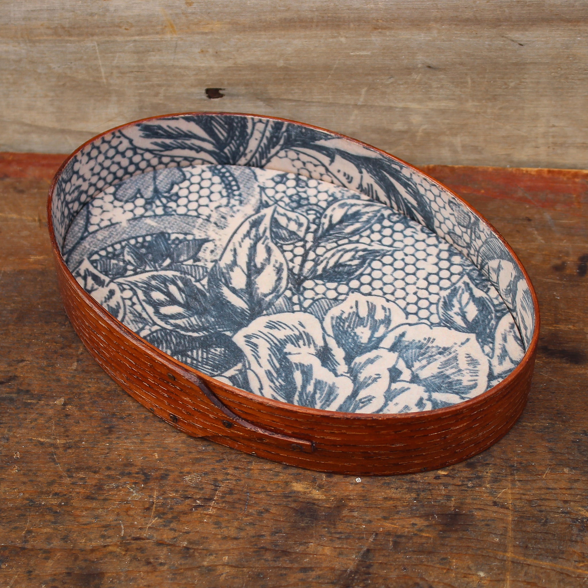 Shaker oval tray with vintage paper lining - handcrafted by LeHay’s Shaker Boxes