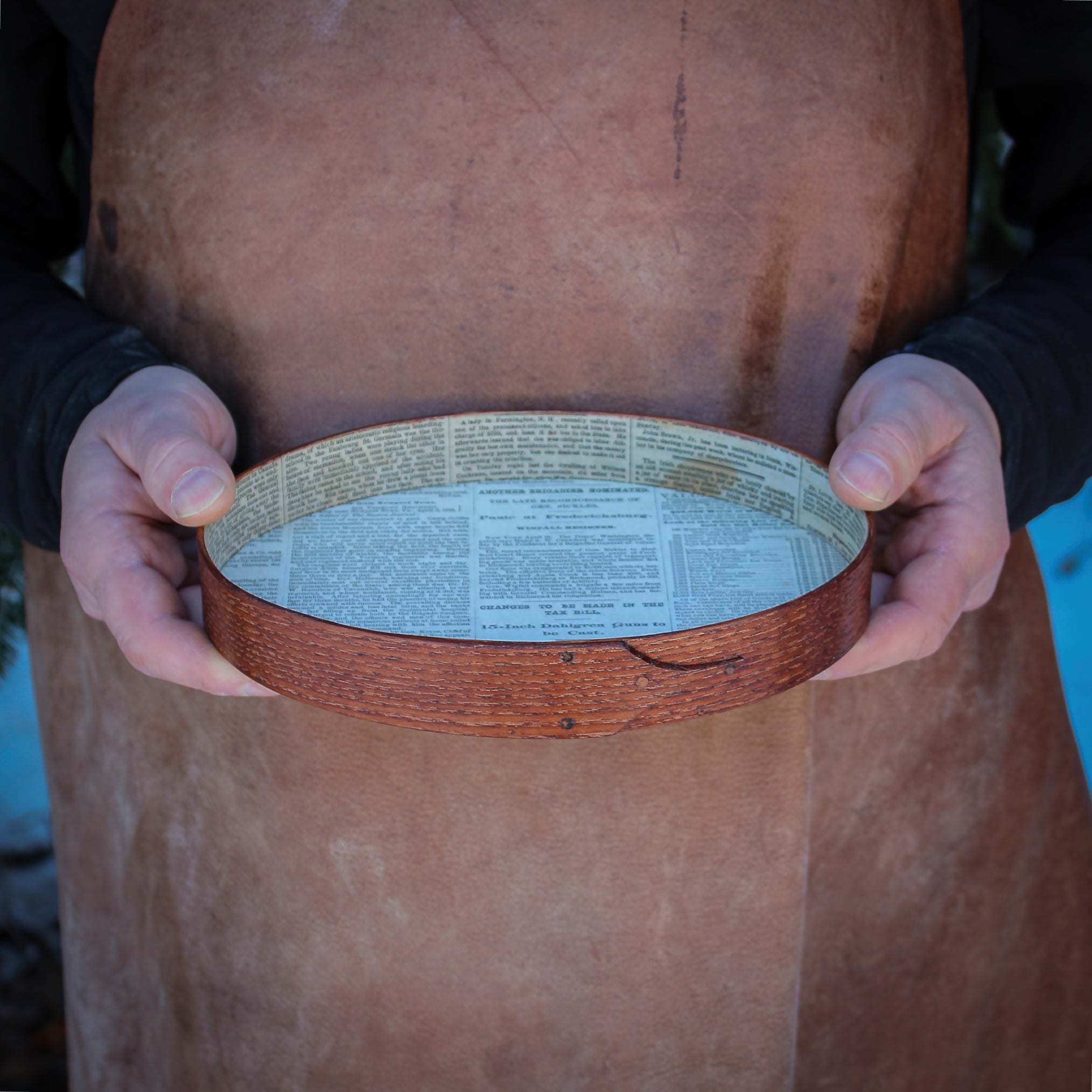 Shaker oval tray with vintage paper lining - handcrafted by LeHay’s Shaker Boxes