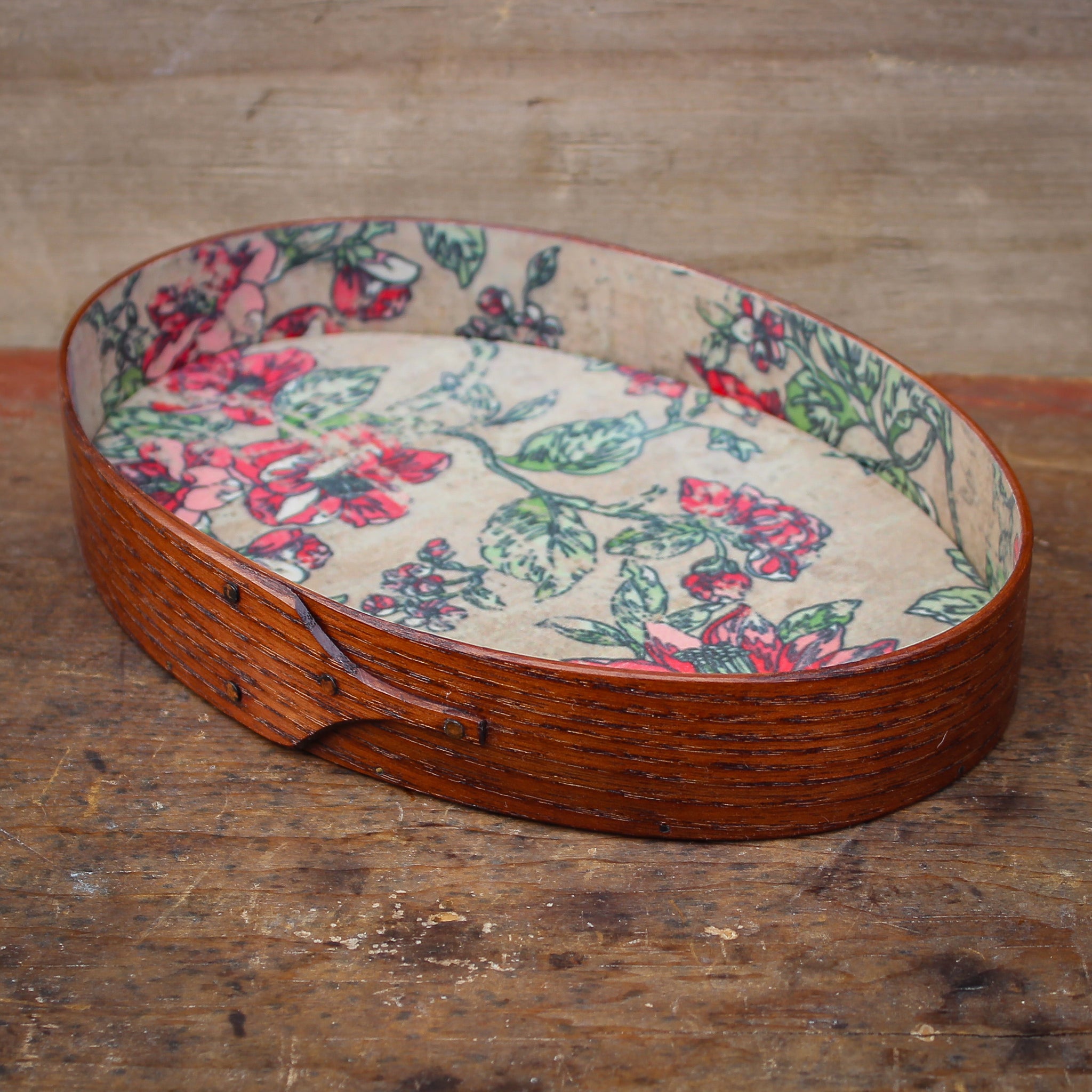 Shaker oval tray with vintage paper lining - handcrafted by LeHay’s Shaker Boxes
