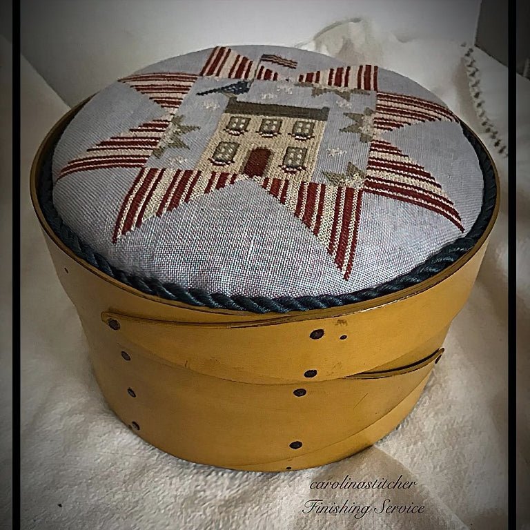 Shaker Round Box with needlework installed - handcrafted using traditional Shaker joinery by LeHay’s Shaker Boxes