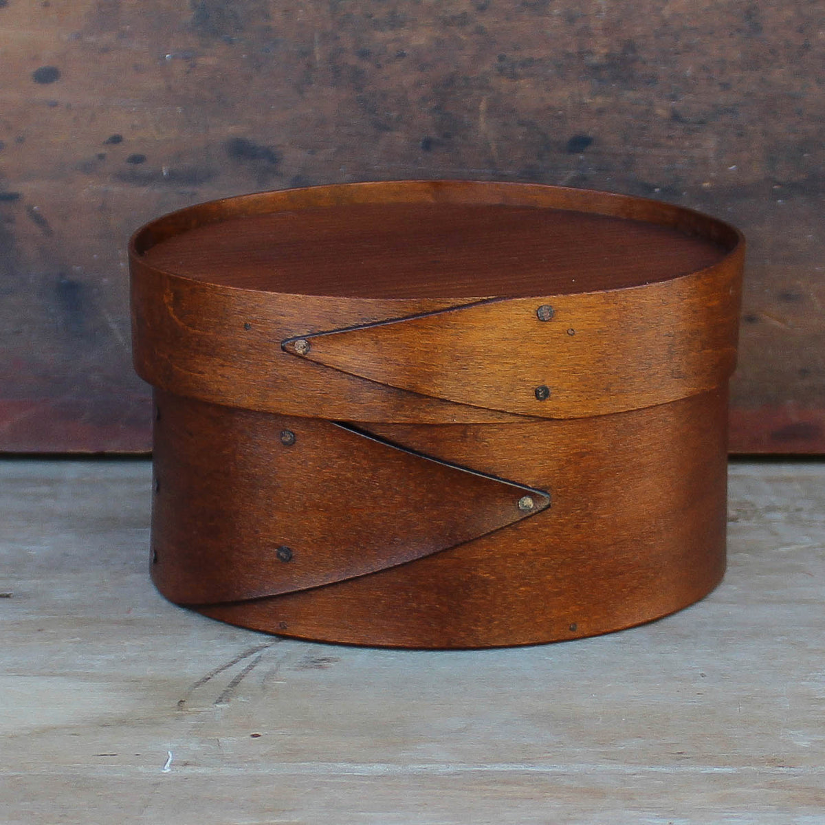 6-inch round Shaker box with recessed lid, antiqued natural finish — handcrafted by LeHay’s Shaker Boxes in Embden, Maine