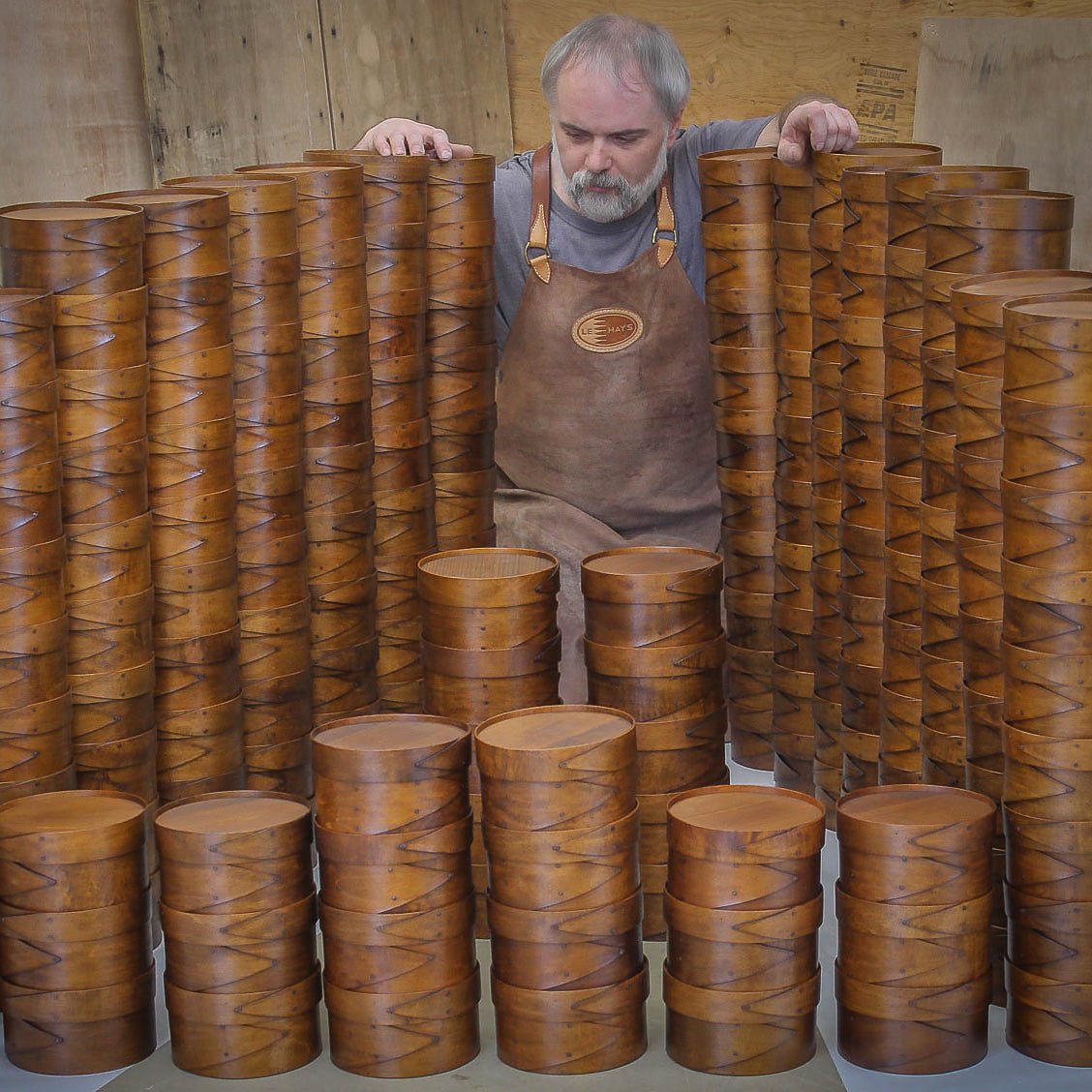 Shaker Round Boxes in antiqued natural finish - handcrafted using traditional Shaker joinery by LeHay’s Shaker Boxes