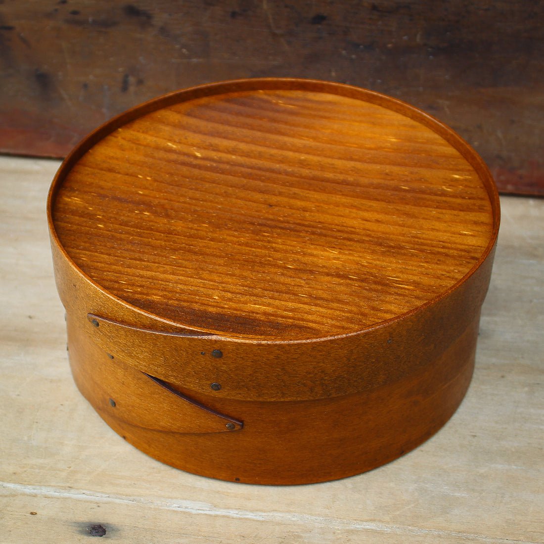Shaker Round Box in antiqued natural finish - handcrafted using traditional Shaker joinery by LeHay’s Shaker Boxes
