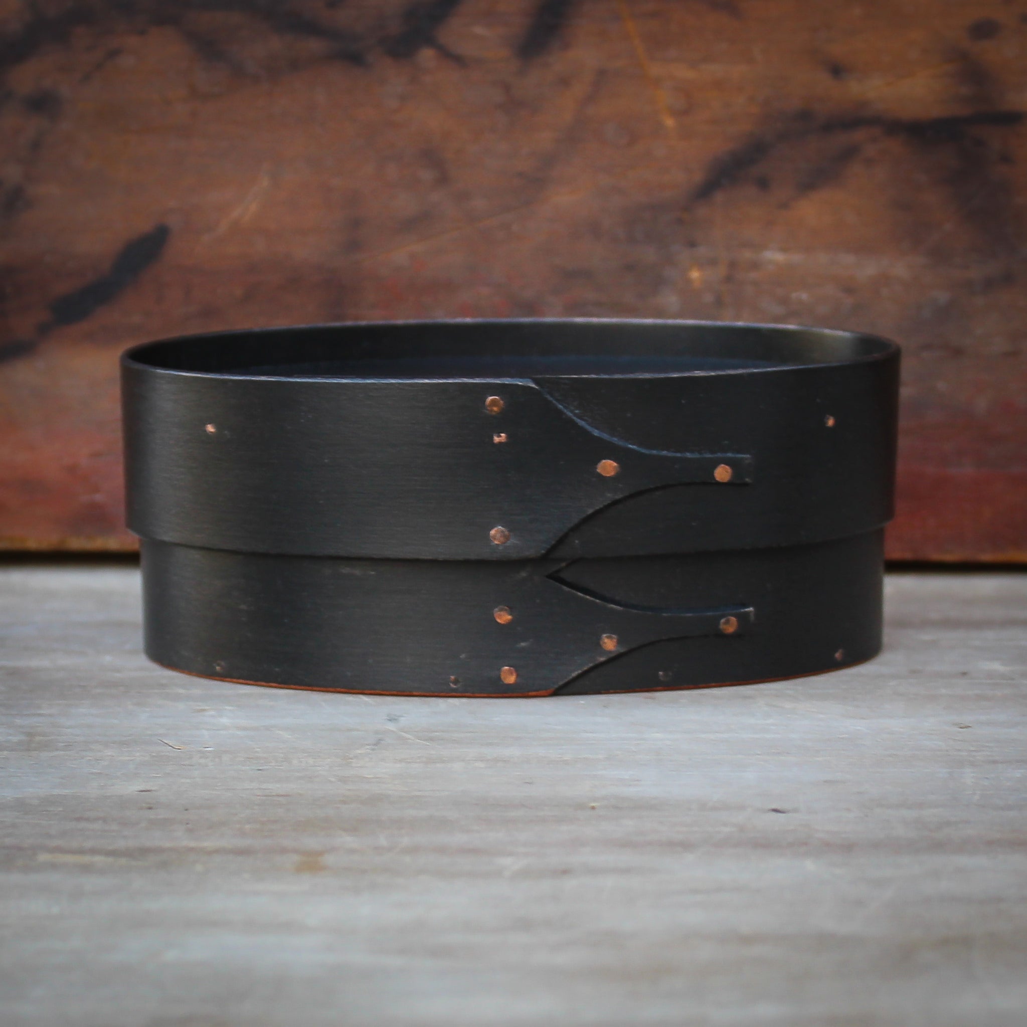 Handcrafted Shaker box, oval shape, featuring rustic design, ideal as a sewing box, made in Maine.