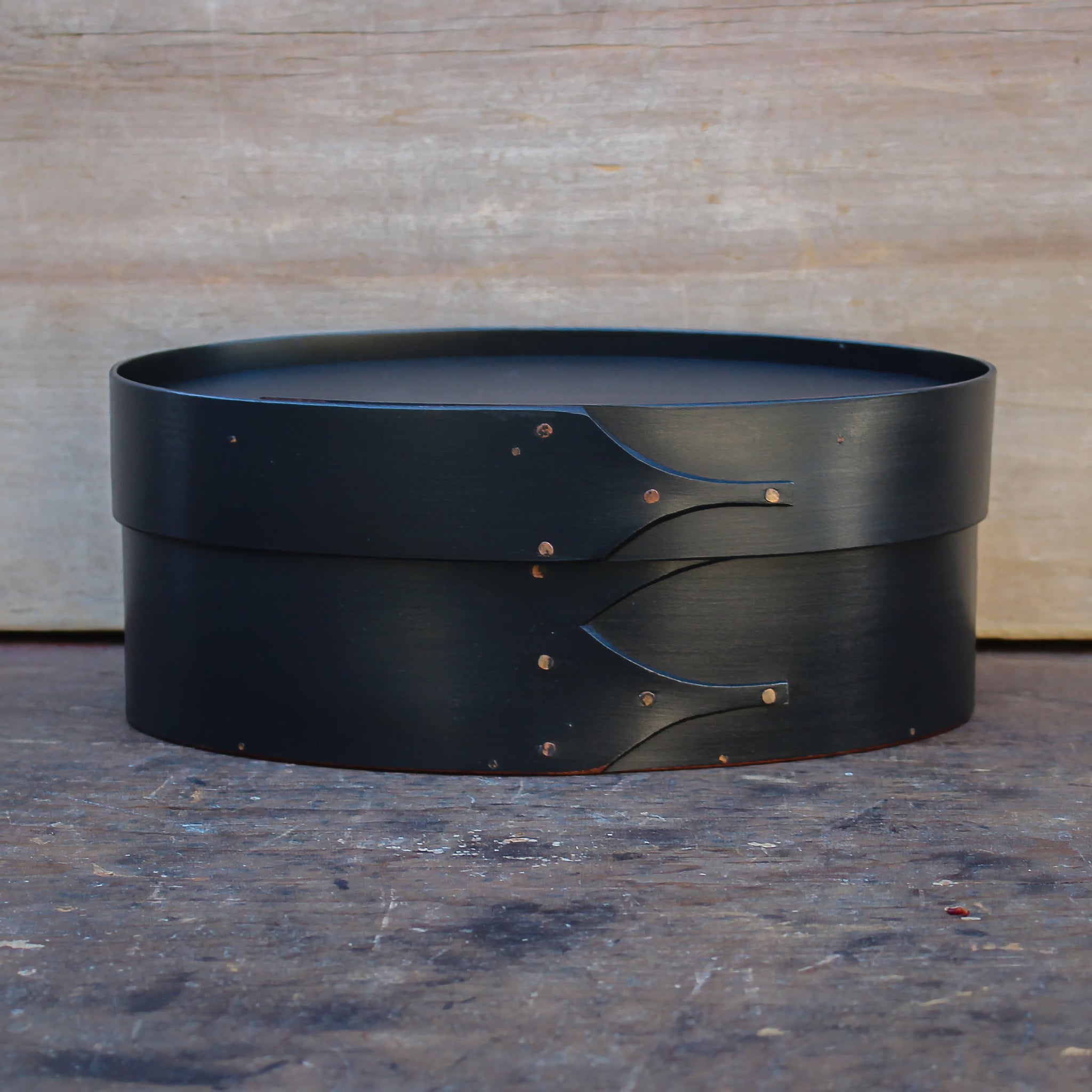 Shaker Oval Box, Size #3, with black finish and recessed lid for displaying finished needlework – handcrafted by LeHay’s Shaker Boxes