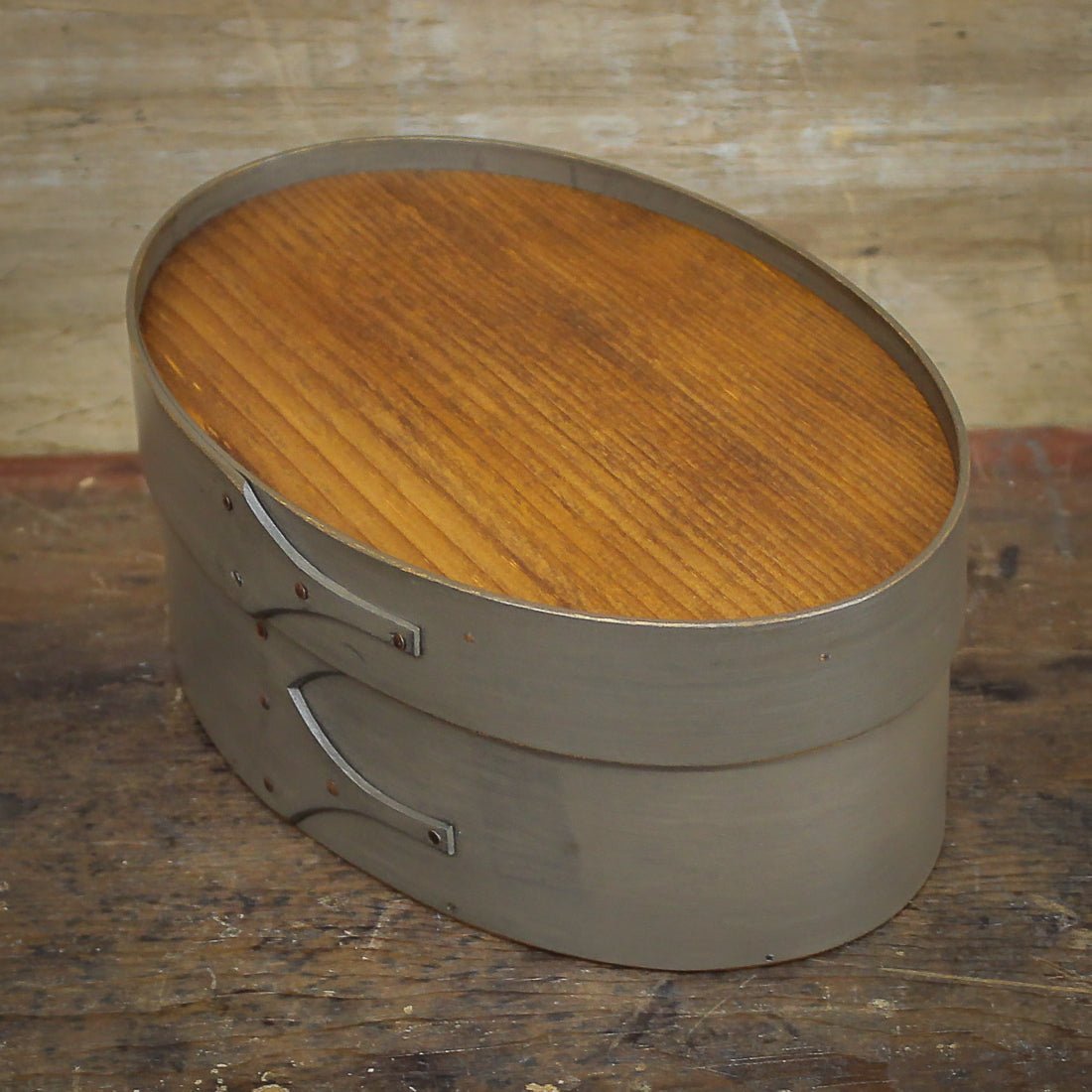 Shaker Oval Box, Size #3, with grey finish and recessed lid for displaying finished needlework – handcrafted by LeHay’s Shaker Boxes