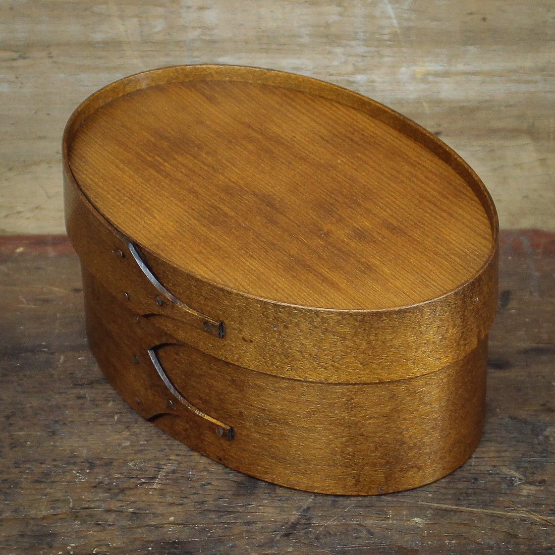 Shaker Oval Box, Size #3, in antiqued natural finish with recessed lid for displaying finished needlework – handcrafted by LeHay’s Shaker Boxes