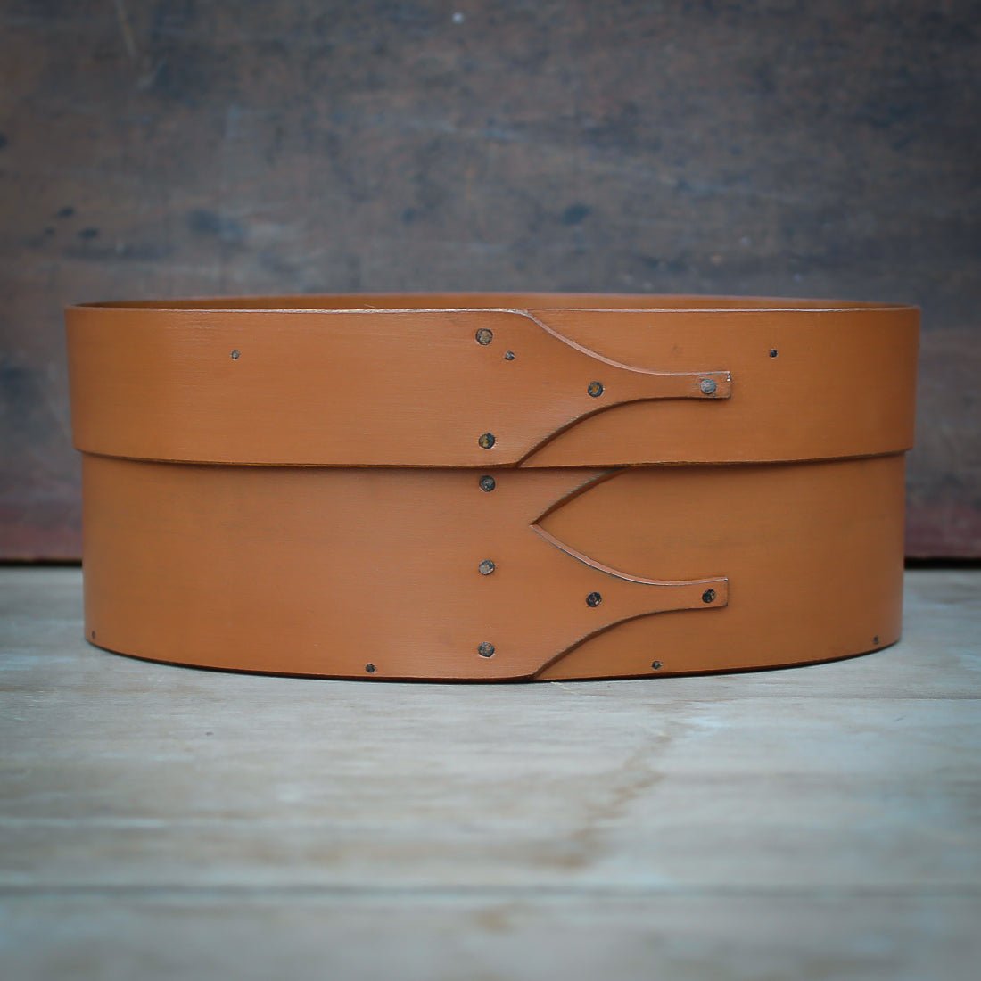 Shaker Oval Box, Size #3, with pumpkin finish and recessed lid for displaying finished needlework – handcrafted by LeHay’s Shaker Boxes