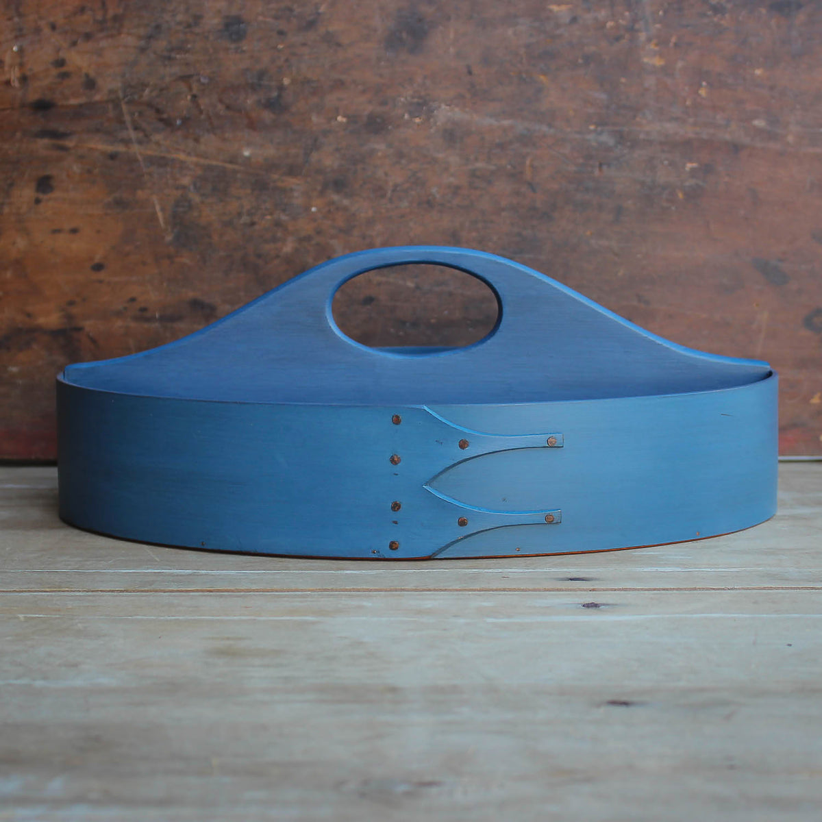Shaker divided carrier in blue milk paint — handcrafted by LeHay’s Shaker Boxes in Embden, Maine