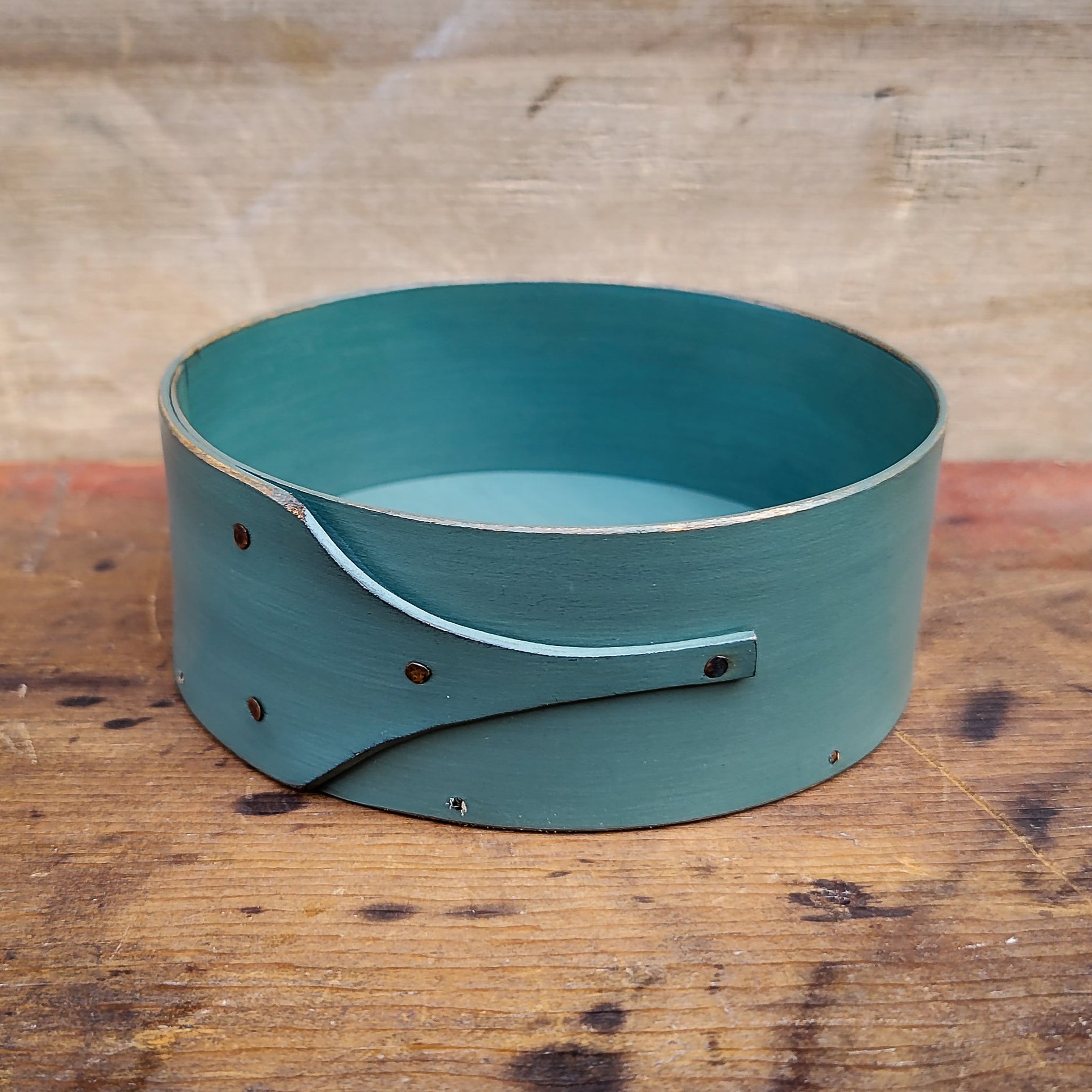 Shaker pin cushion base in sea green milk paint - handcrafted for mounting finished needlework by LeHay’s Shaker Boxes