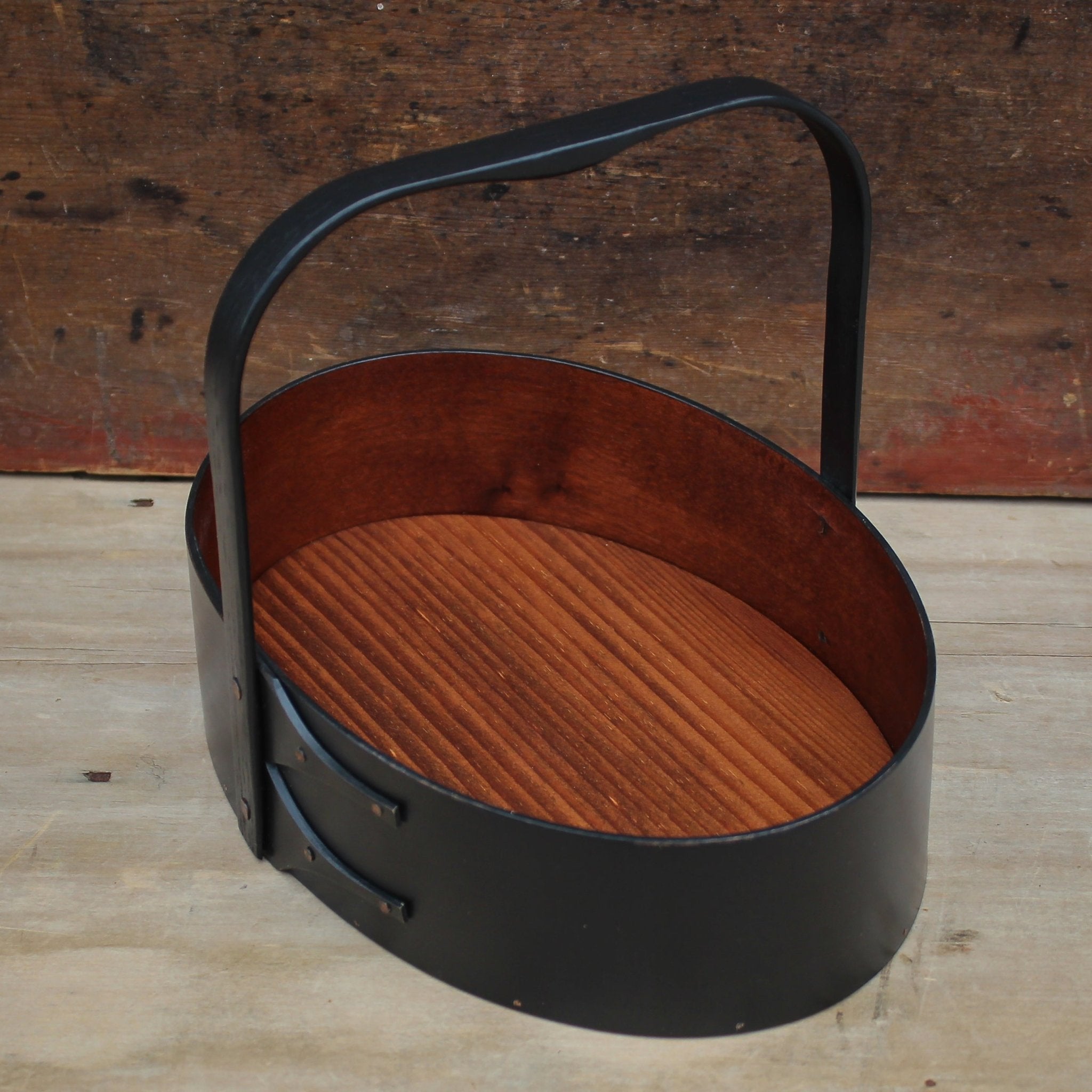 Handcrafted wooden Shaker carrier basket for sewing and desktop organization, made in Maine.