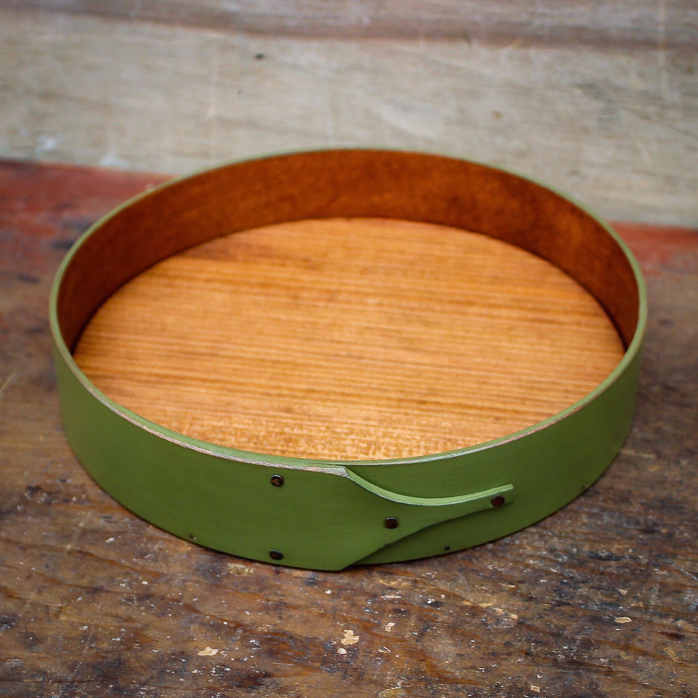 Shaker round tray with green milk paint finish - handcrafted in Maine by LeHay’s Shaker Boxes
