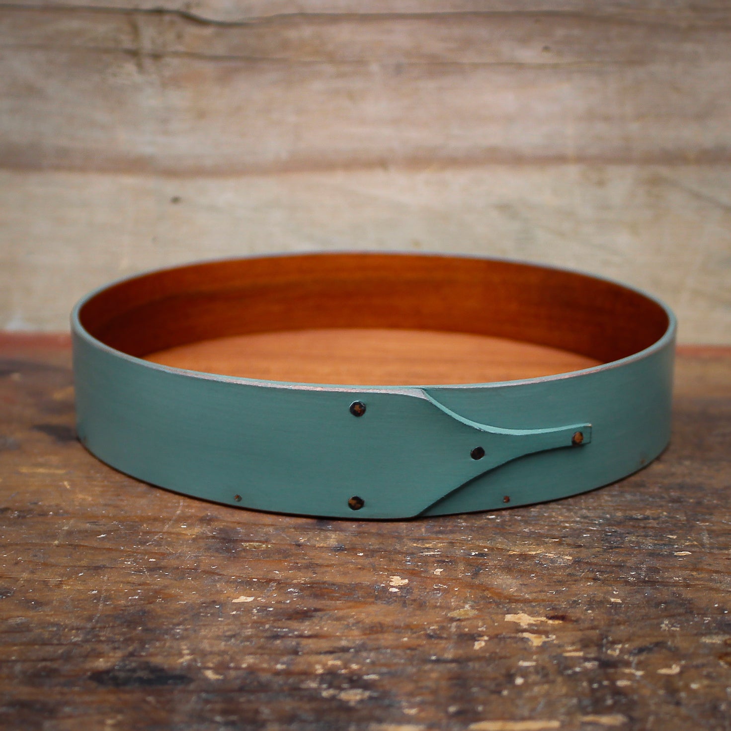Shaker round tray with sea green milk paint finish - handcrafted in Maine by LeHay’s Shaker Boxes