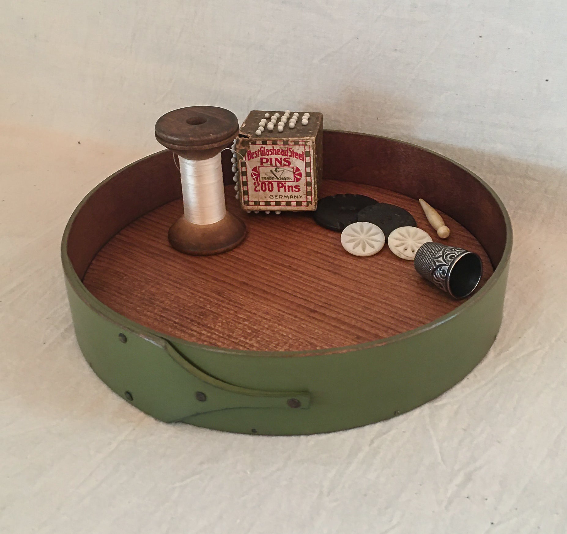 Shaker round tray with green milk paint finish - handcrafted in Maine by LeHay’s Shaker Boxes