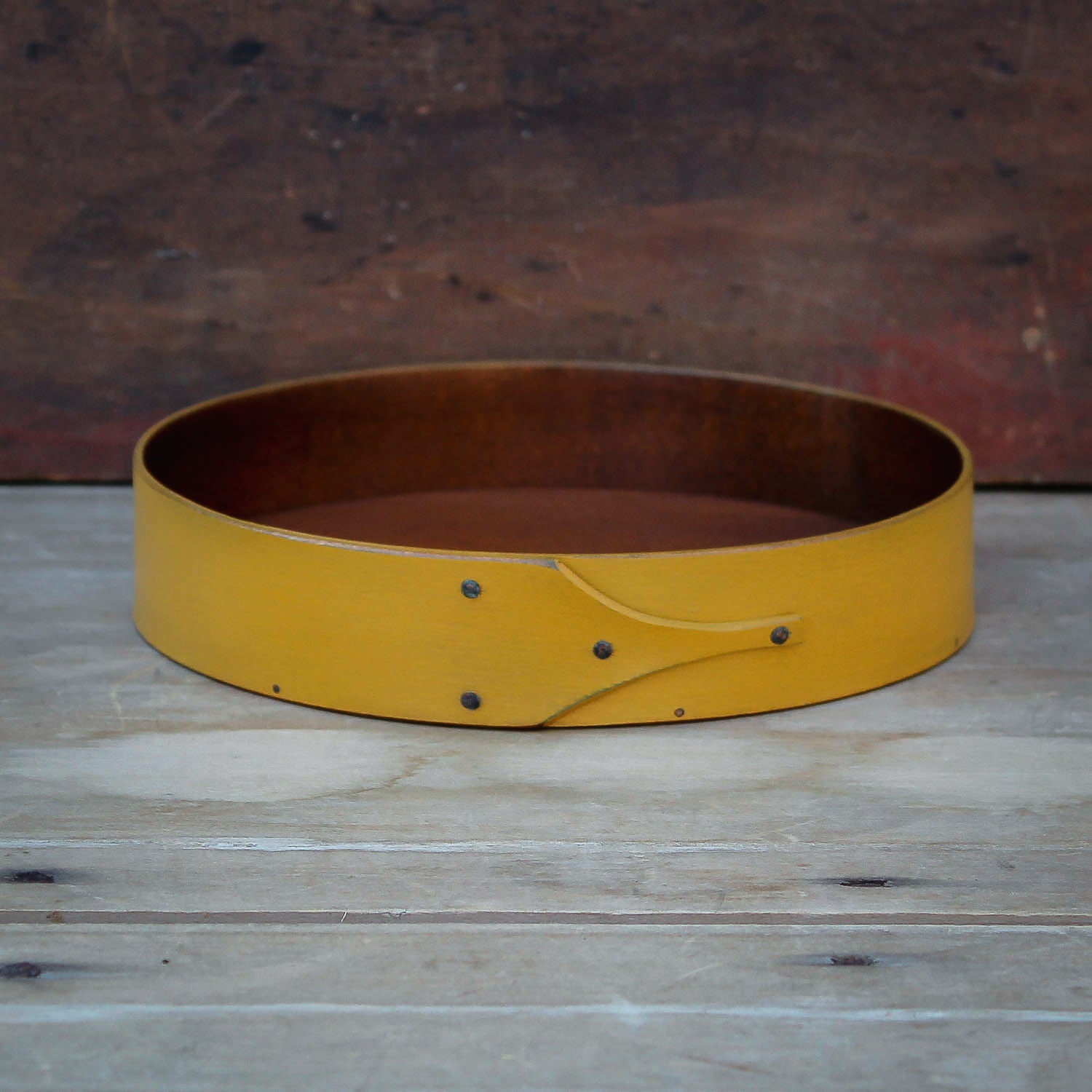 Shaker round tray with yellow milk paint finish - handcrafted in Maine by LeHay’s Shaker Boxes