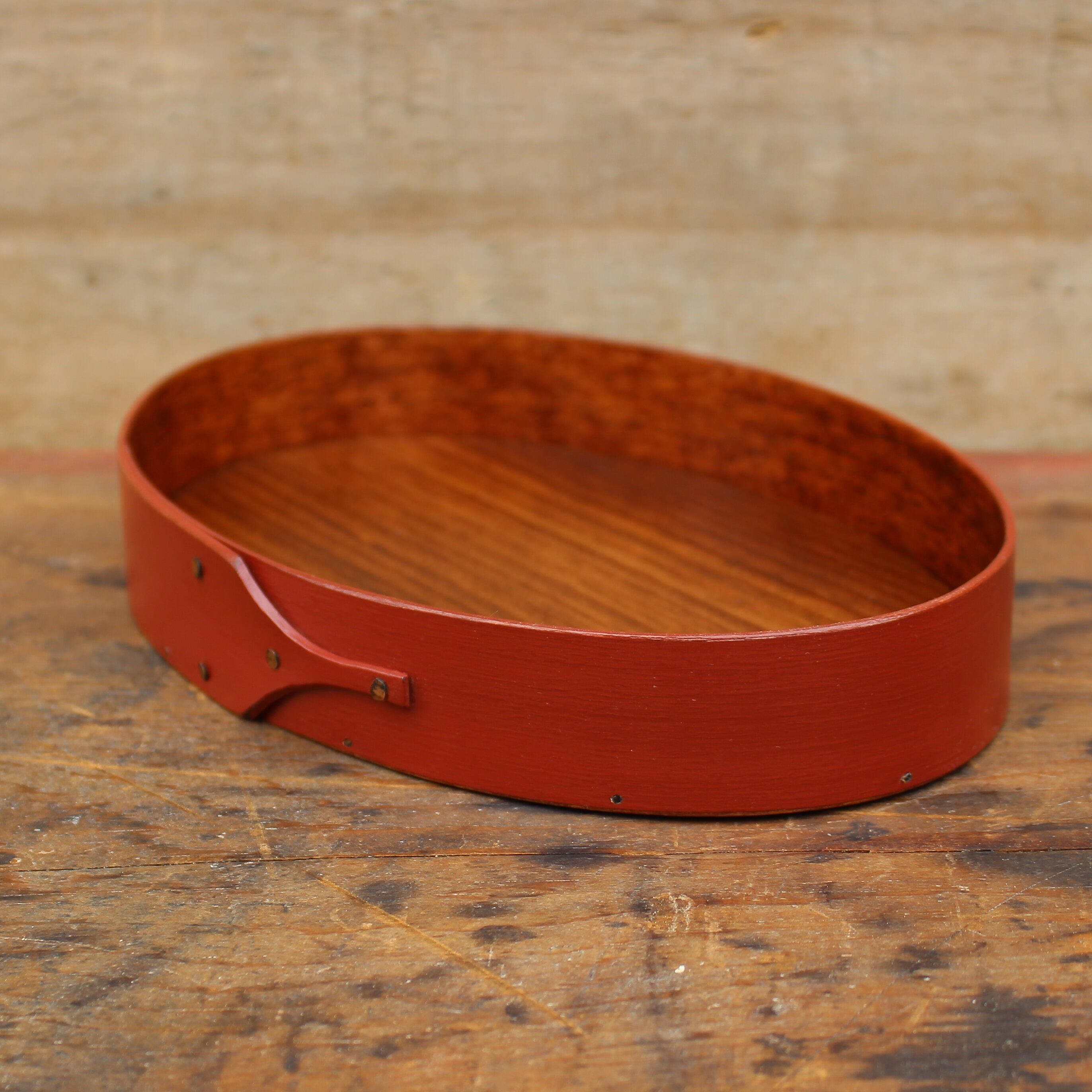 Size #4 Shaker oval stitcher’s tray in red milk paint — handcrafted by LeHay’s Shaker Boxes in Embden, Maine