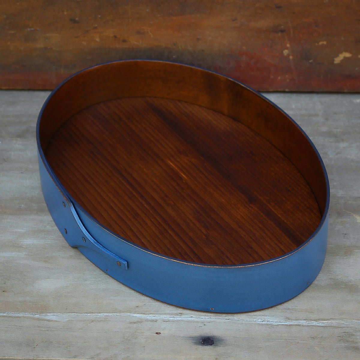 Shaker oval tray with blue milk paint finish - handcrafted by LeHay’s Shaker Boxes
