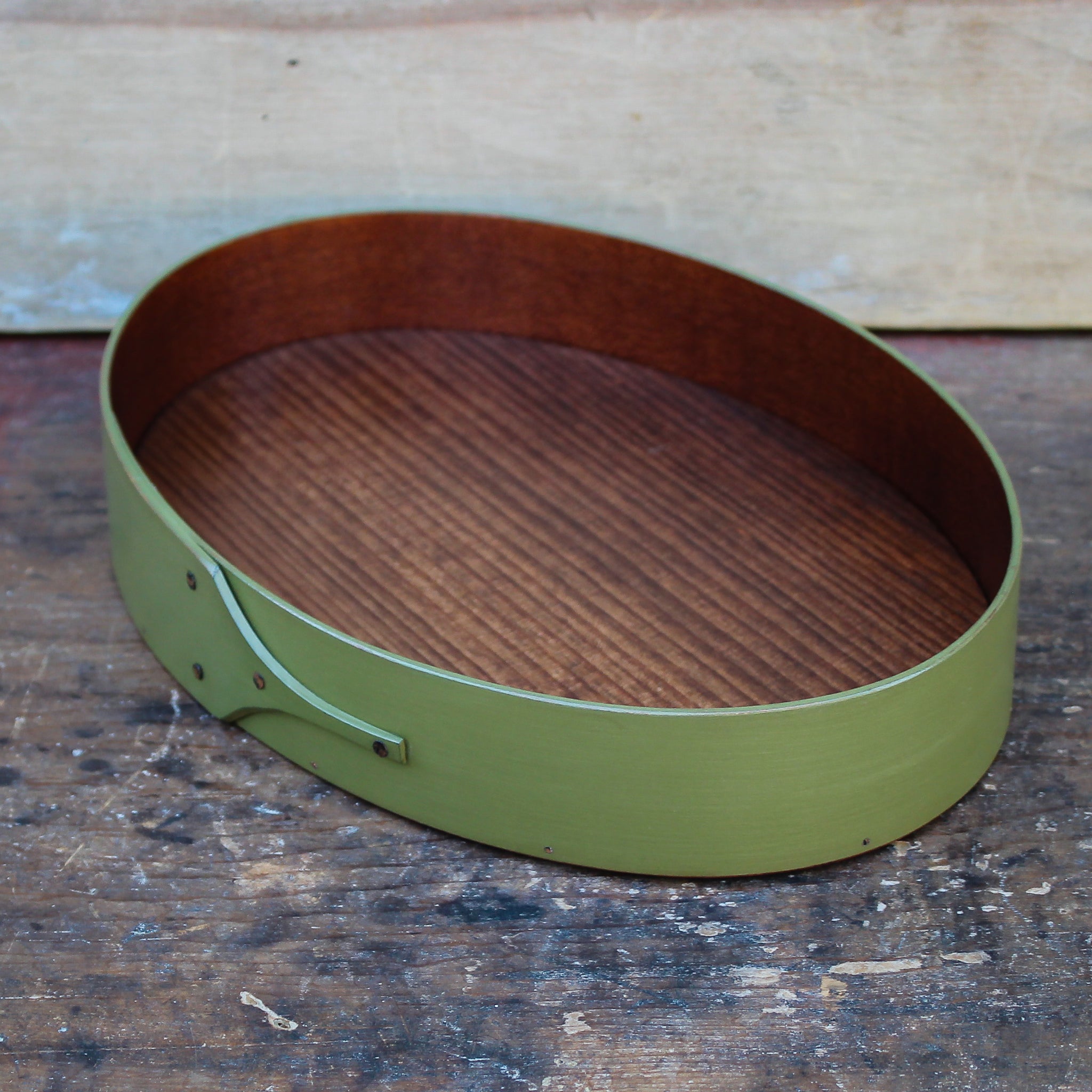 Shaker oval tray with green milk paint finish - handcrafted by LeHay’s Shaker Boxes