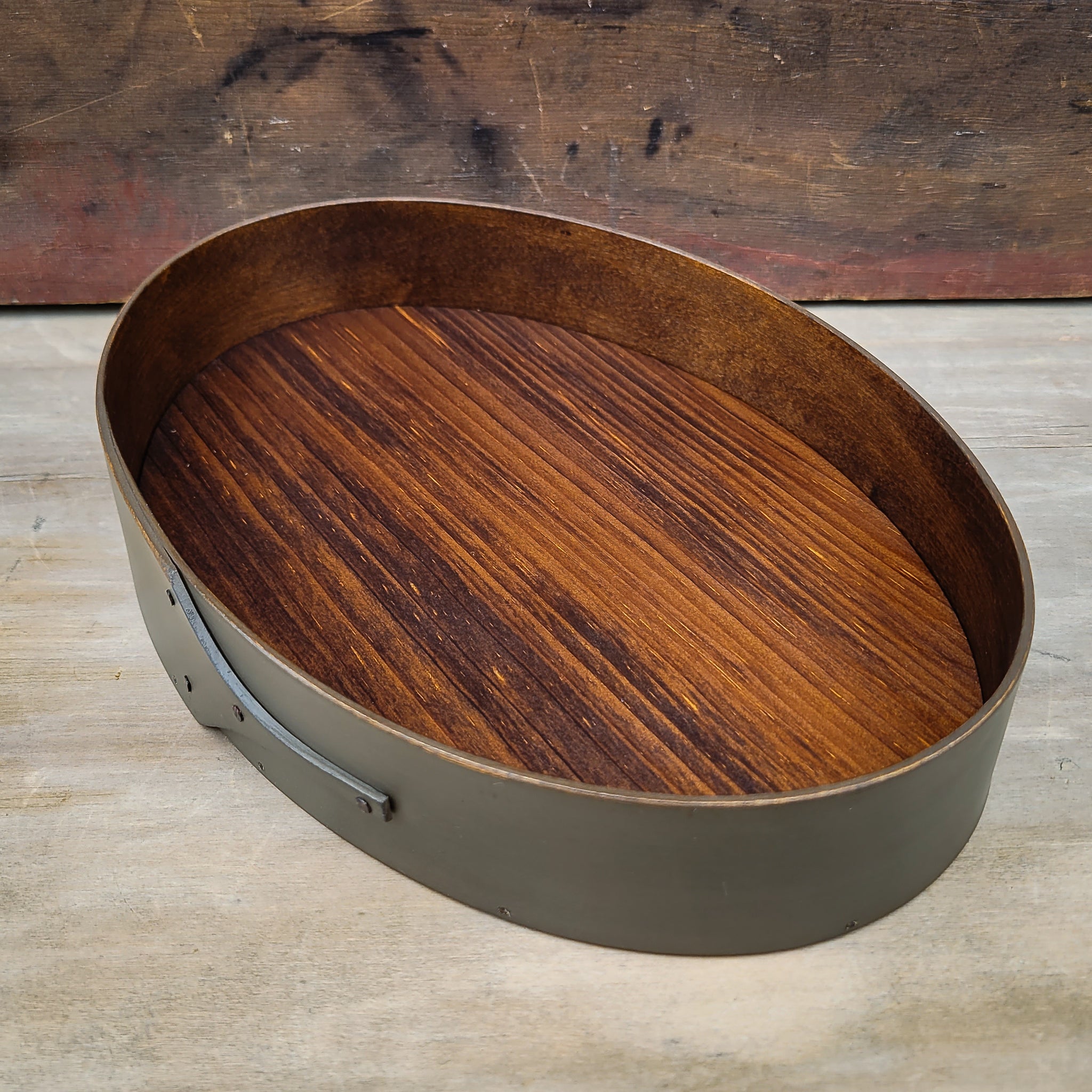 Shaker oval tray with grey milk paint finish - handcrafted by LeHay’s Shaker Boxes