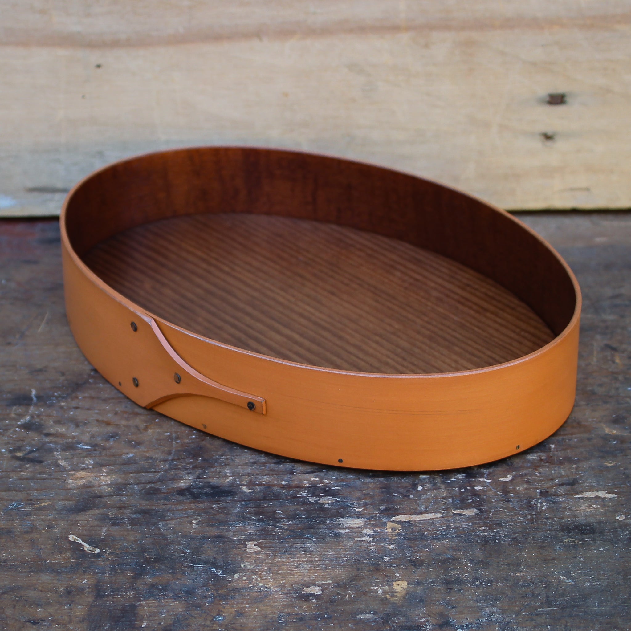 Shaker oval tray with pumpkin milk paint finish - handcrafted by LeHay’s Shaker Boxes